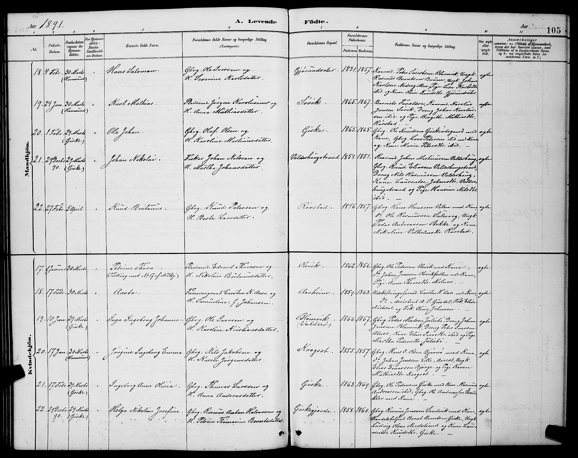 Ministerialprotokoller, klokkerbøker og fødselsregistre - Møre og Romsdal, AV/SAT-A-1454/528/L0431: Parish register (copy) no. 528C12, 1885-1898, p. 105