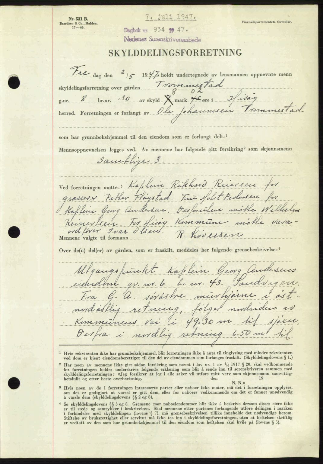 Nedenes sorenskriveri, AV/SAK-1221-0006/G/Gb/Gba/L0057: Mortgage book no. A9, 1947-1947, Diary no: : 934/1947