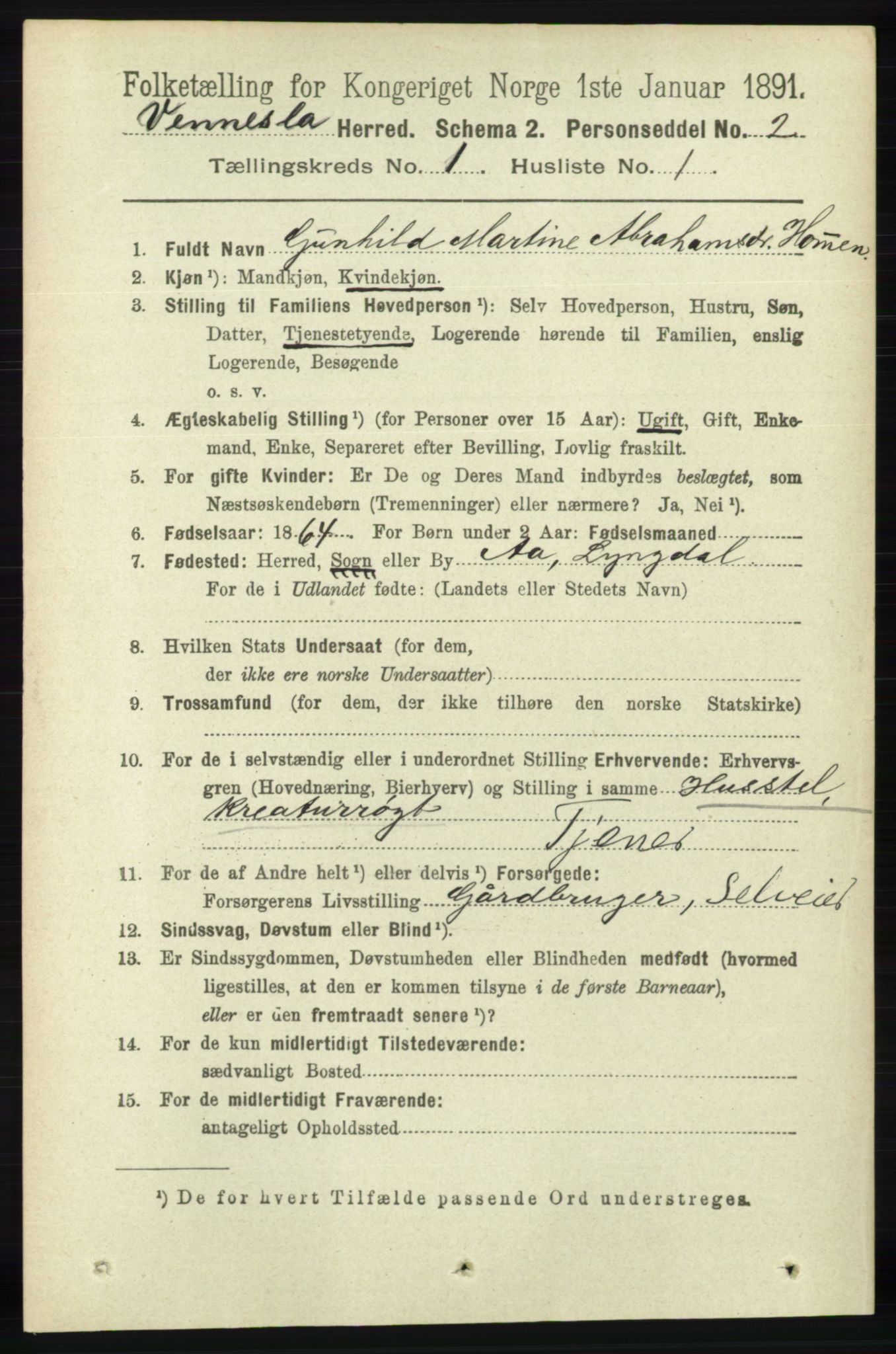 RA, 1891 census for 1014 Vennesla, 1891, p. 72