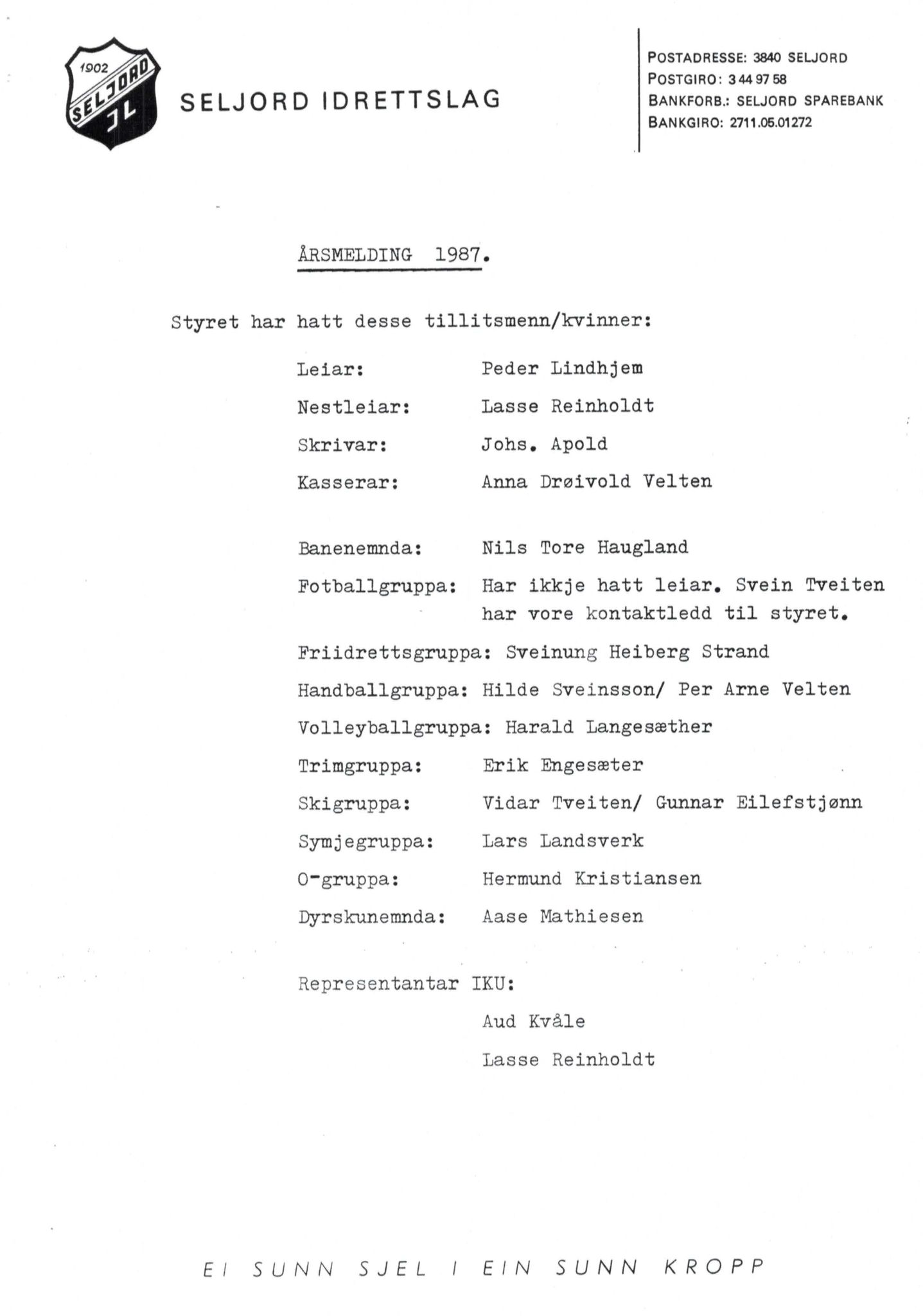 Seljord Idrettslag, VTM/A-1034/A/Ab/L0001: Årsmeldingar, 1987