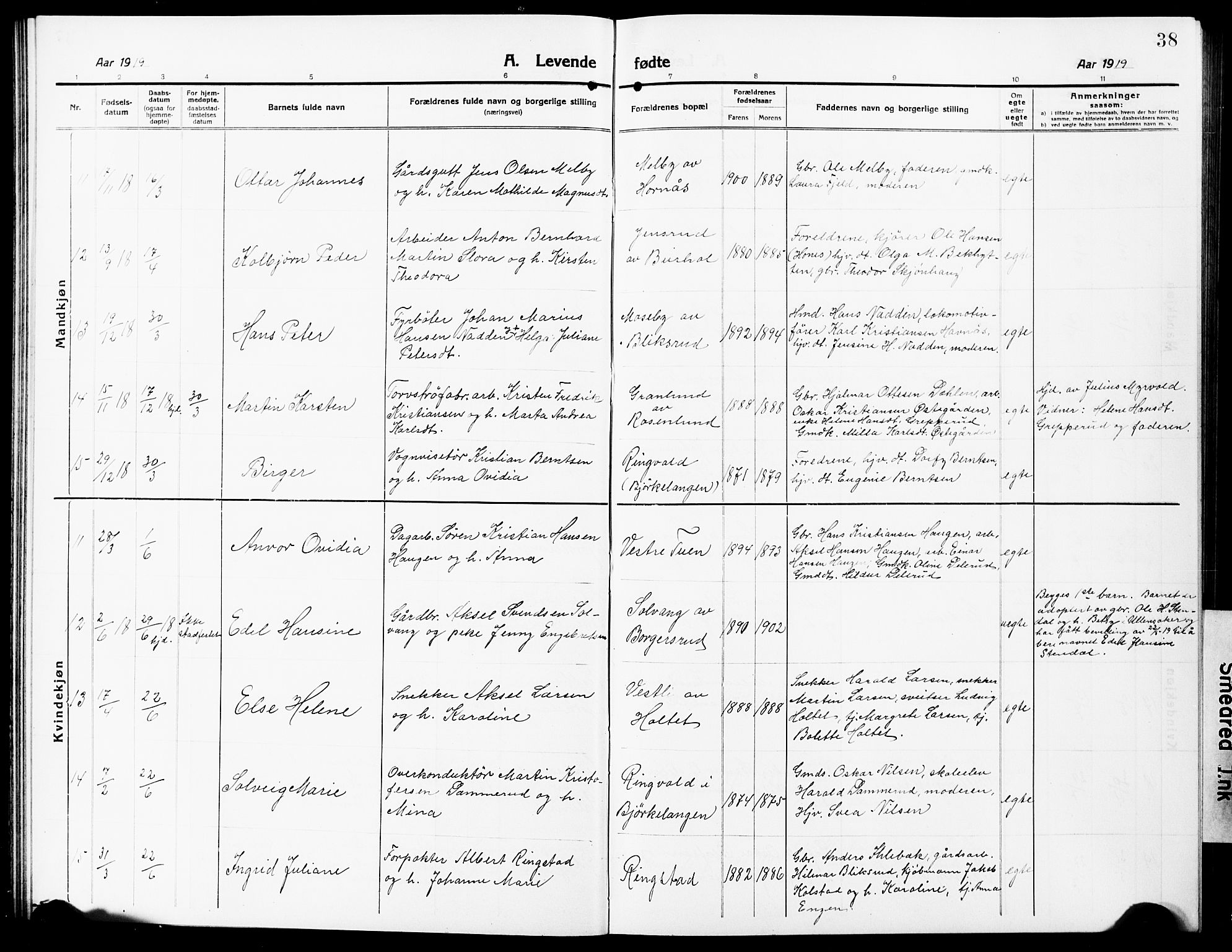 Høland prestekontor Kirkebøker, AV/SAO-A-10346a/G/Ga/L0008: Parish register (copy) no. I 8, 1915-1929, p. 38