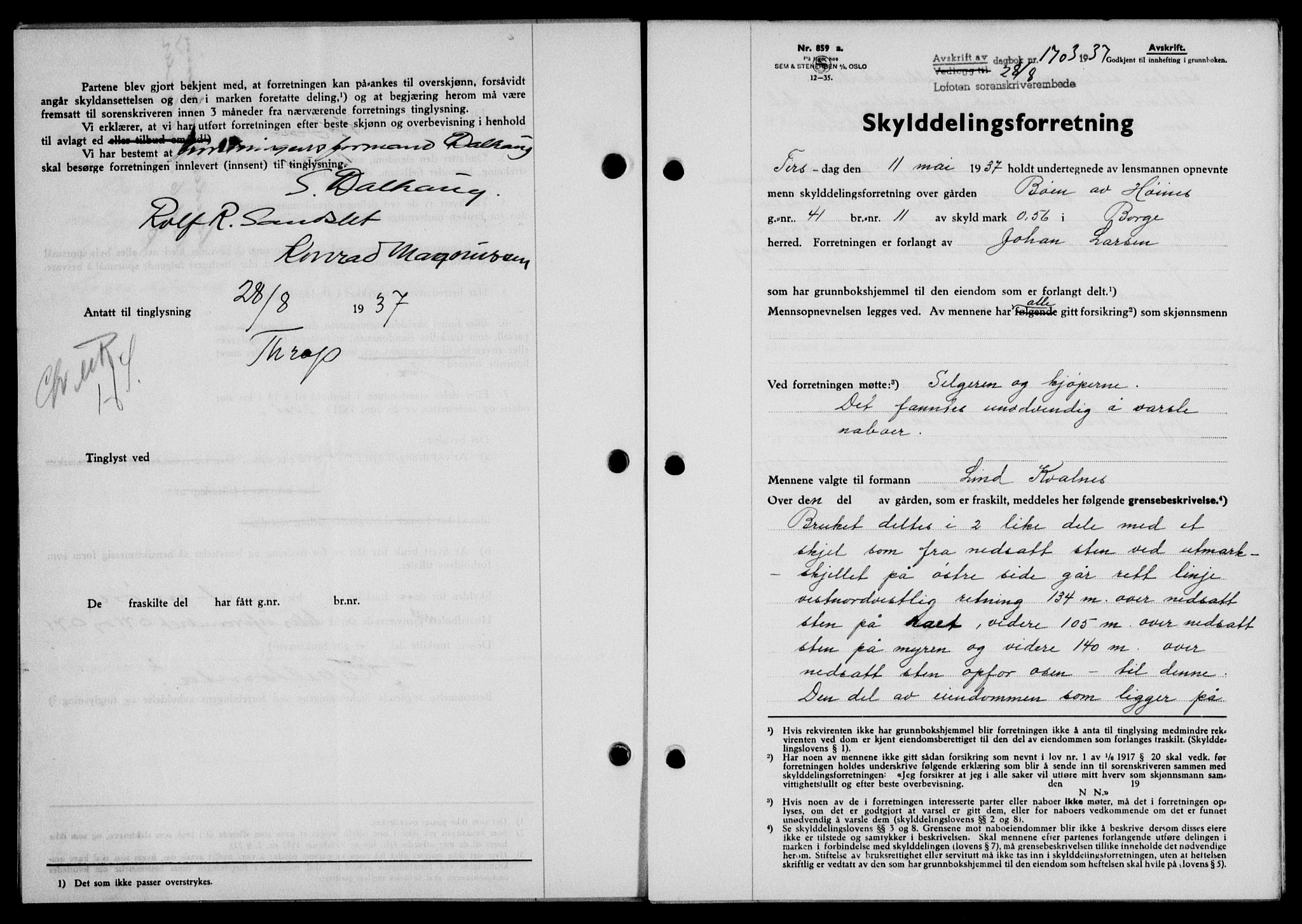 Lofoten sorenskriveri, SAT/A-0017/1/2/2C/L0002a: Mortgage book no. 2a, 1937-1937, Diary no: : 1703/1937