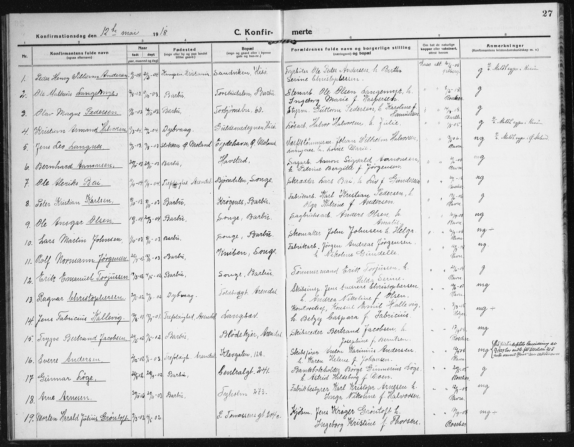 Arendal sokneprestkontor, Trefoldighet, SAK/1111-0040/F/Fa/L0011: Parish register (official) no. A 11, 1915-1919, p. 27