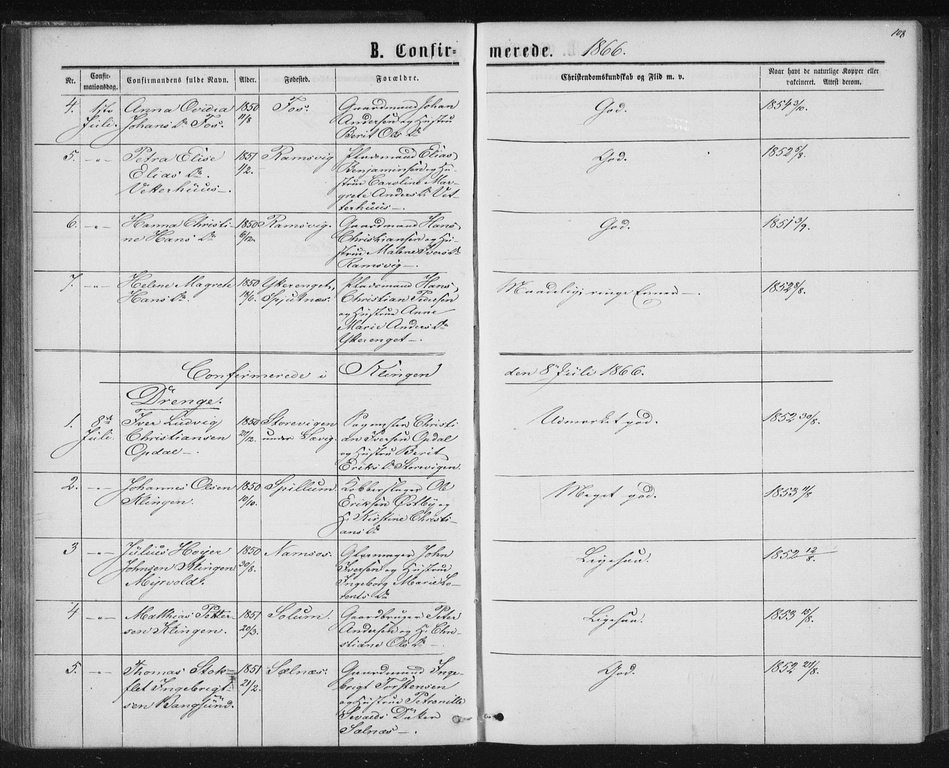 Ministerialprotokoller, klokkerbøker og fødselsregistre - Nord-Trøndelag, SAT/A-1458/768/L0570: Parish register (official) no. 768A05, 1865-1874, p. 108