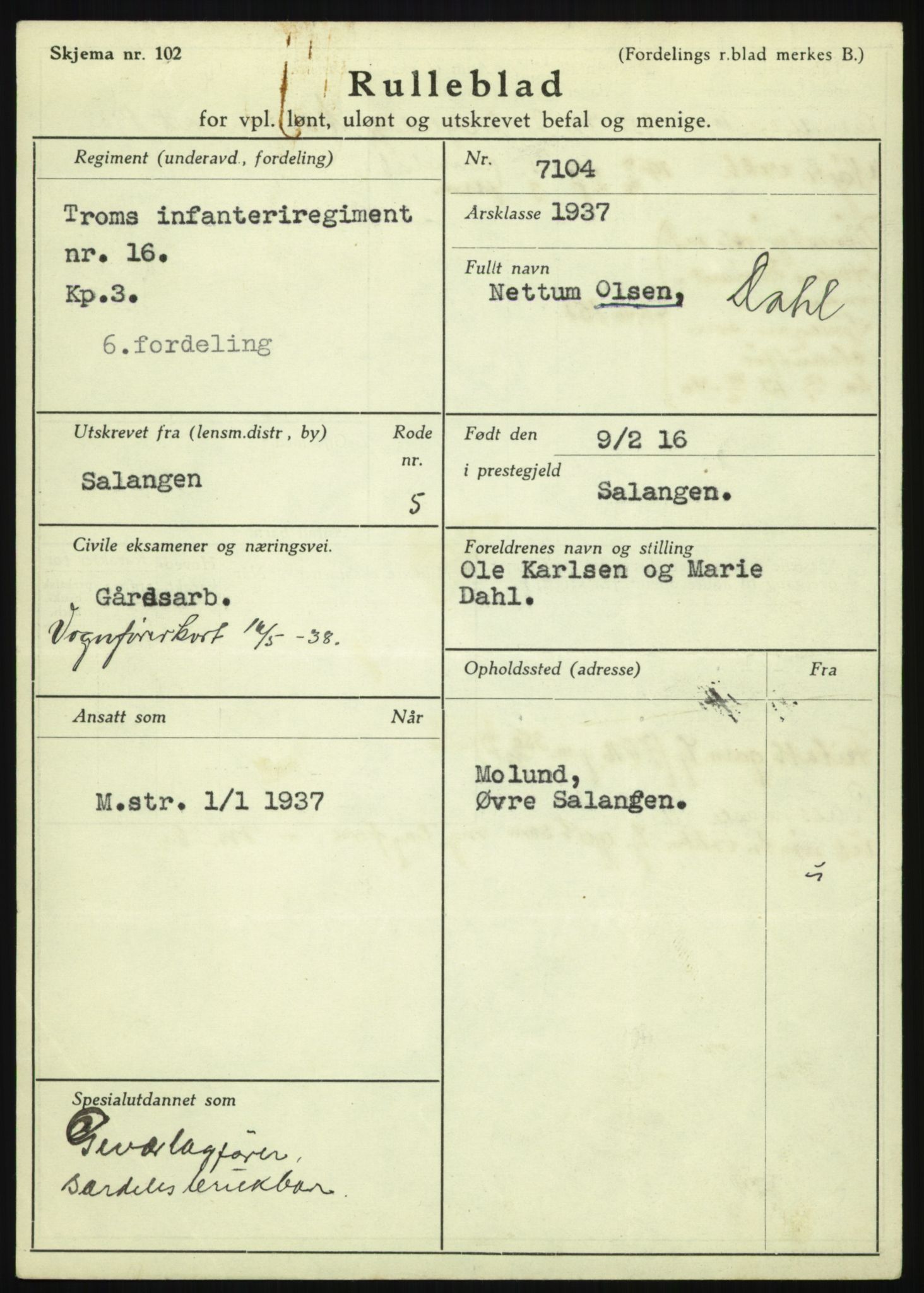 Forsvaret, Troms infanteriregiment nr. 16, AV/RA-RAFA-3146/P/Pa/L0021: Rulleblad for regimentets menige mannskaper, årsklasse 1937, 1937, p. 115