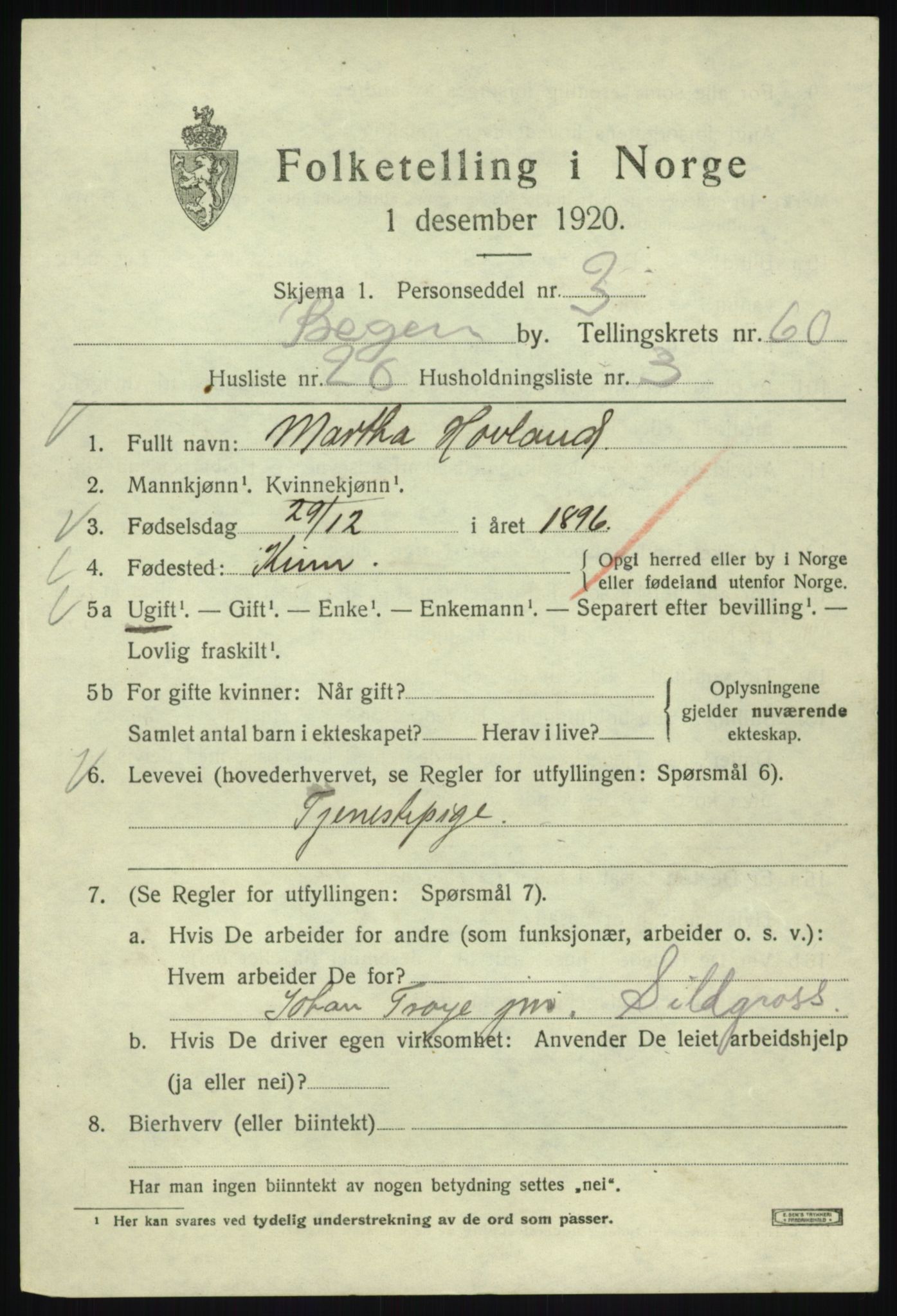 SAB, 1920 census for Bergen, 1920, p. 129760