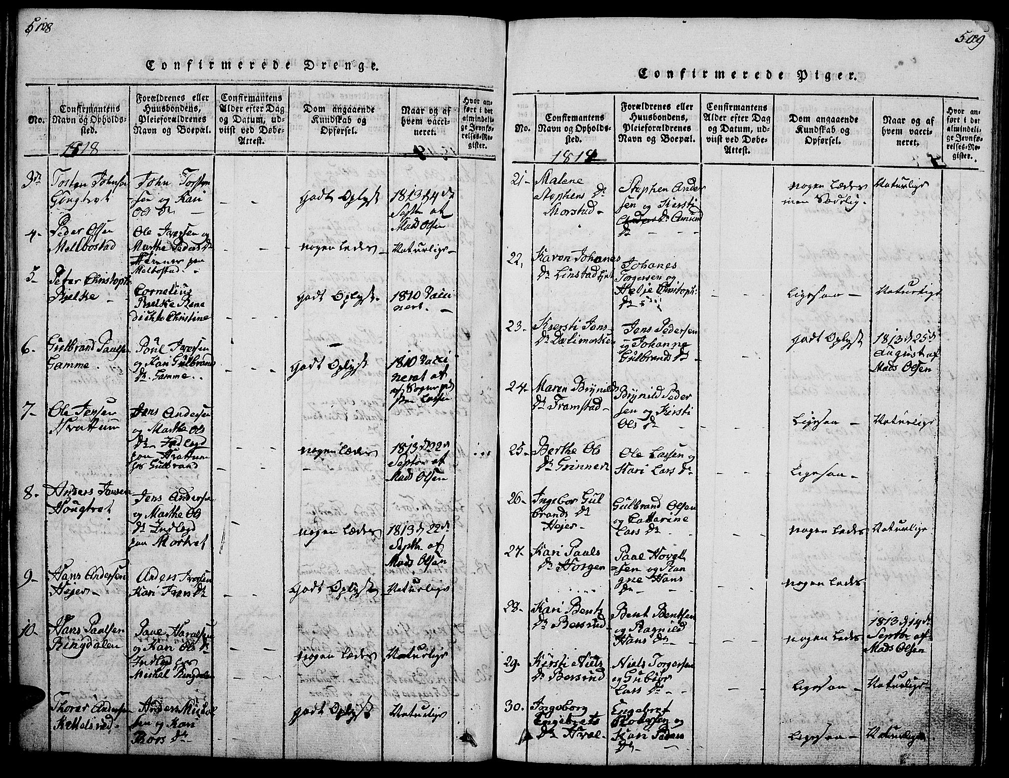 Gran prestekontor, AV/SAH-PREST-112/H/Ha/Hab/L0001: Parish register (copy) no. 1, 1815-1824, p. 508-509