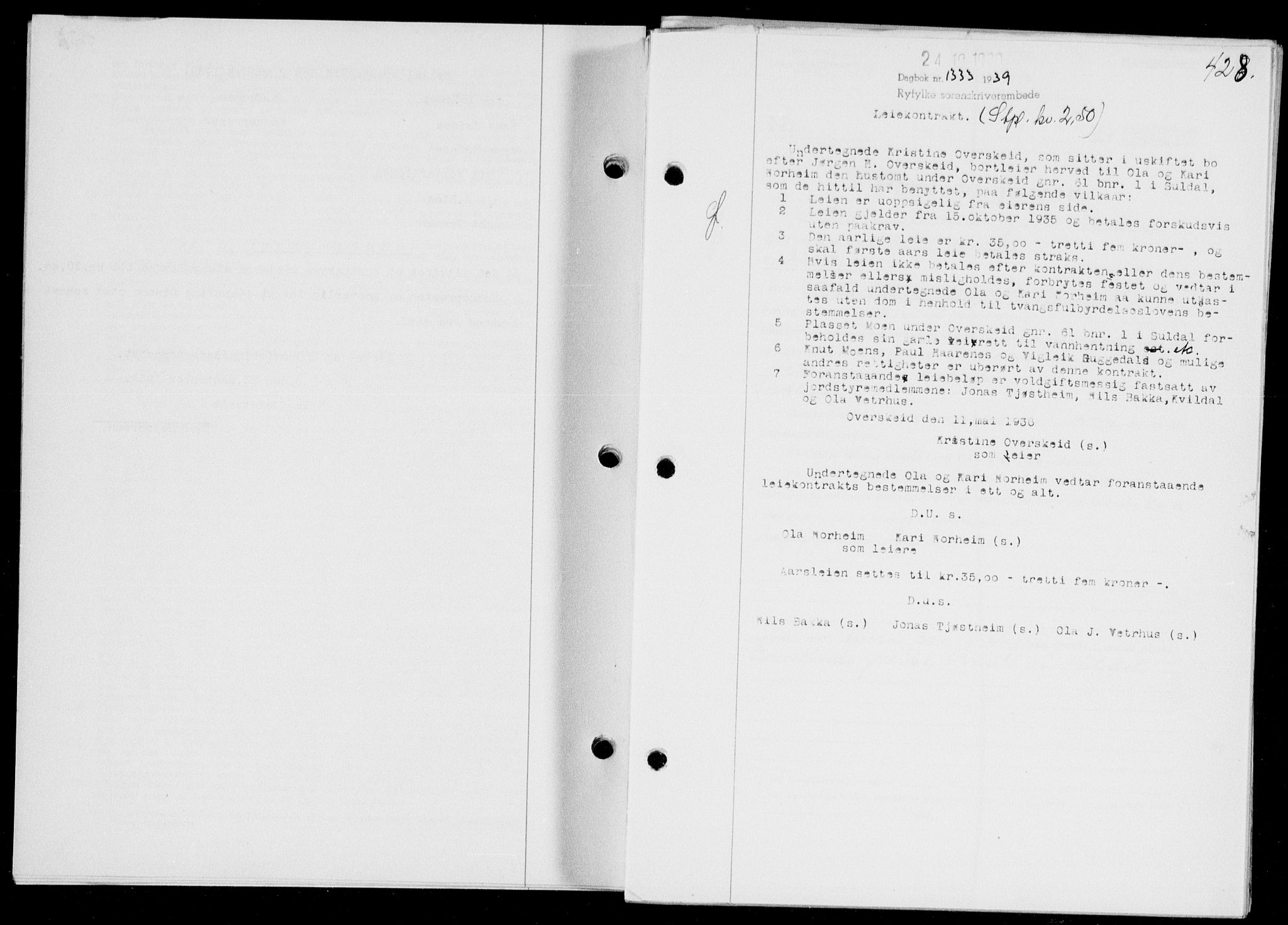 Ryfylke tingrett, SAST/A-100055/001/II/IIB/L0080: Mortgage book no. 59, 1939-1939, Diary no: : 1333/1939