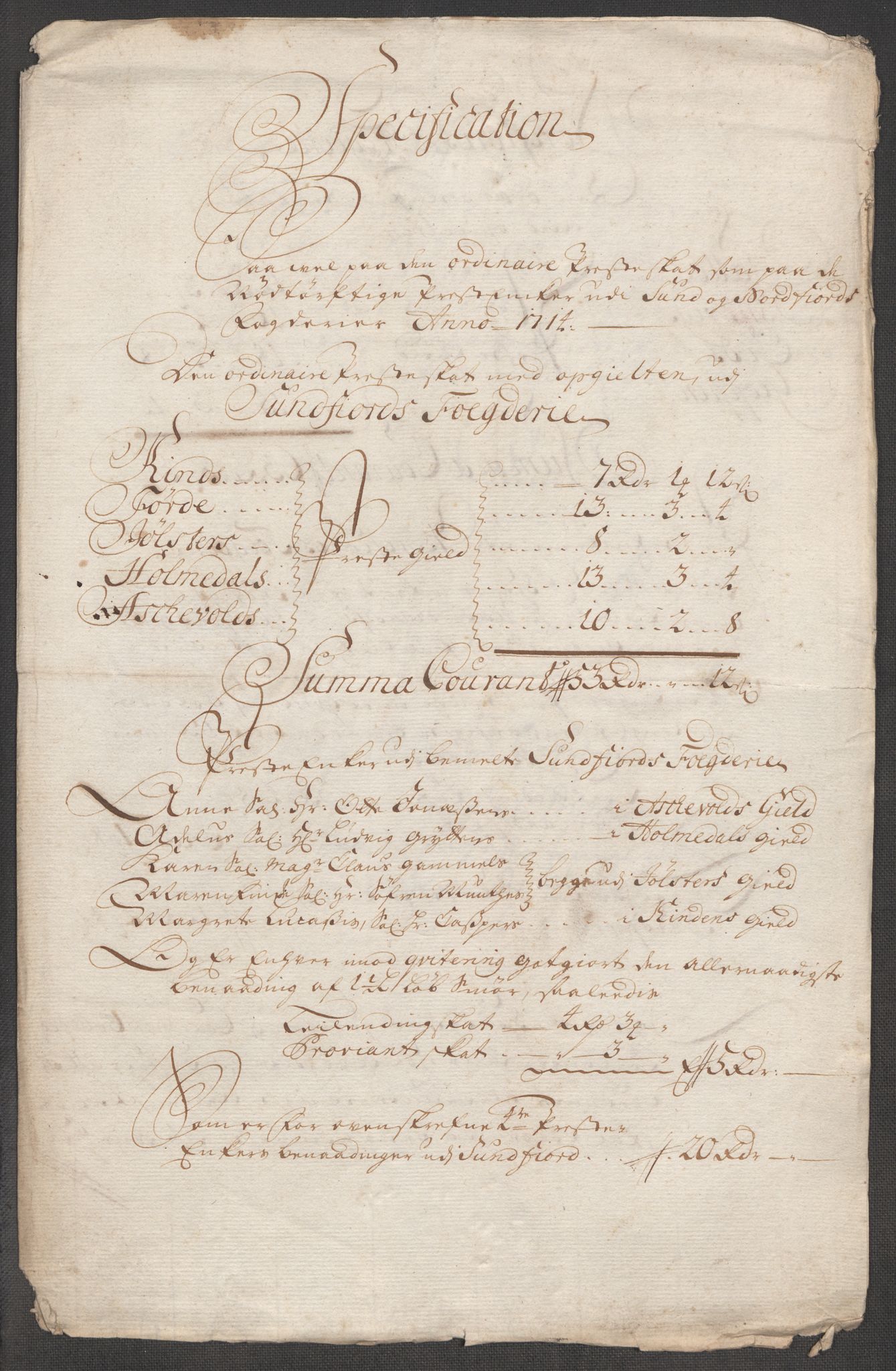 Rentekammeret inntil 1814, Reviderte regnskaper, Fogderegnskap, AV/RA-EA-4092/R53/L3438: Fogderegnskap Sunn- og Nordfjord, 1714, p. 159
