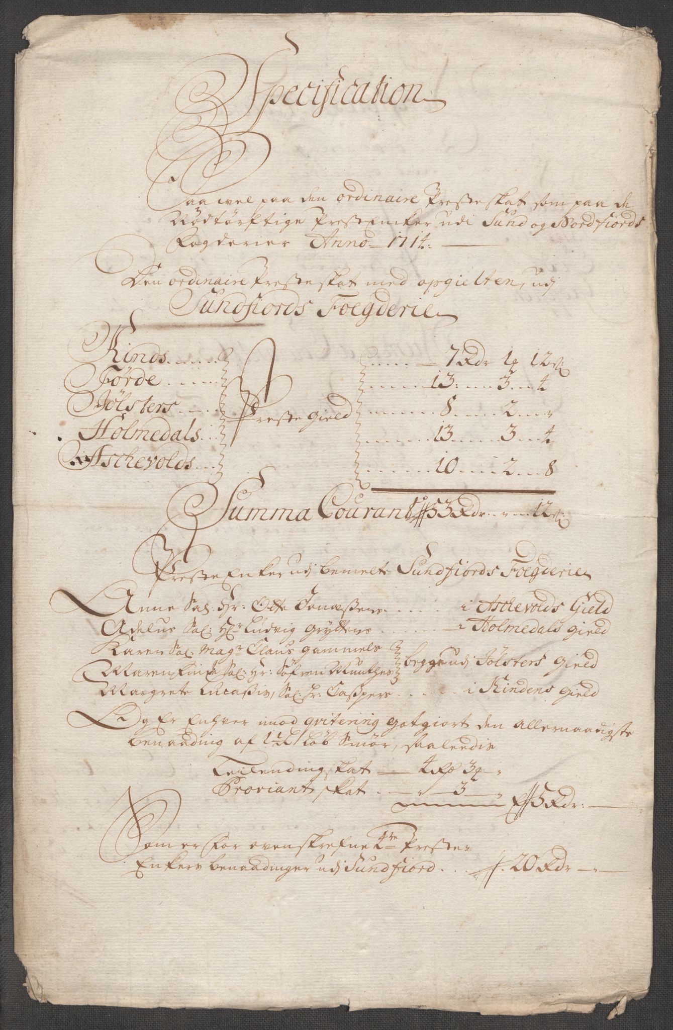 Rentekammeret inntil 1814, Reviderte regnskaper, Fogderegnskap, RA/EA-4092/R53/L3438: Fogderegnskap Sunn- og Nordfjord, 1714, p. 159