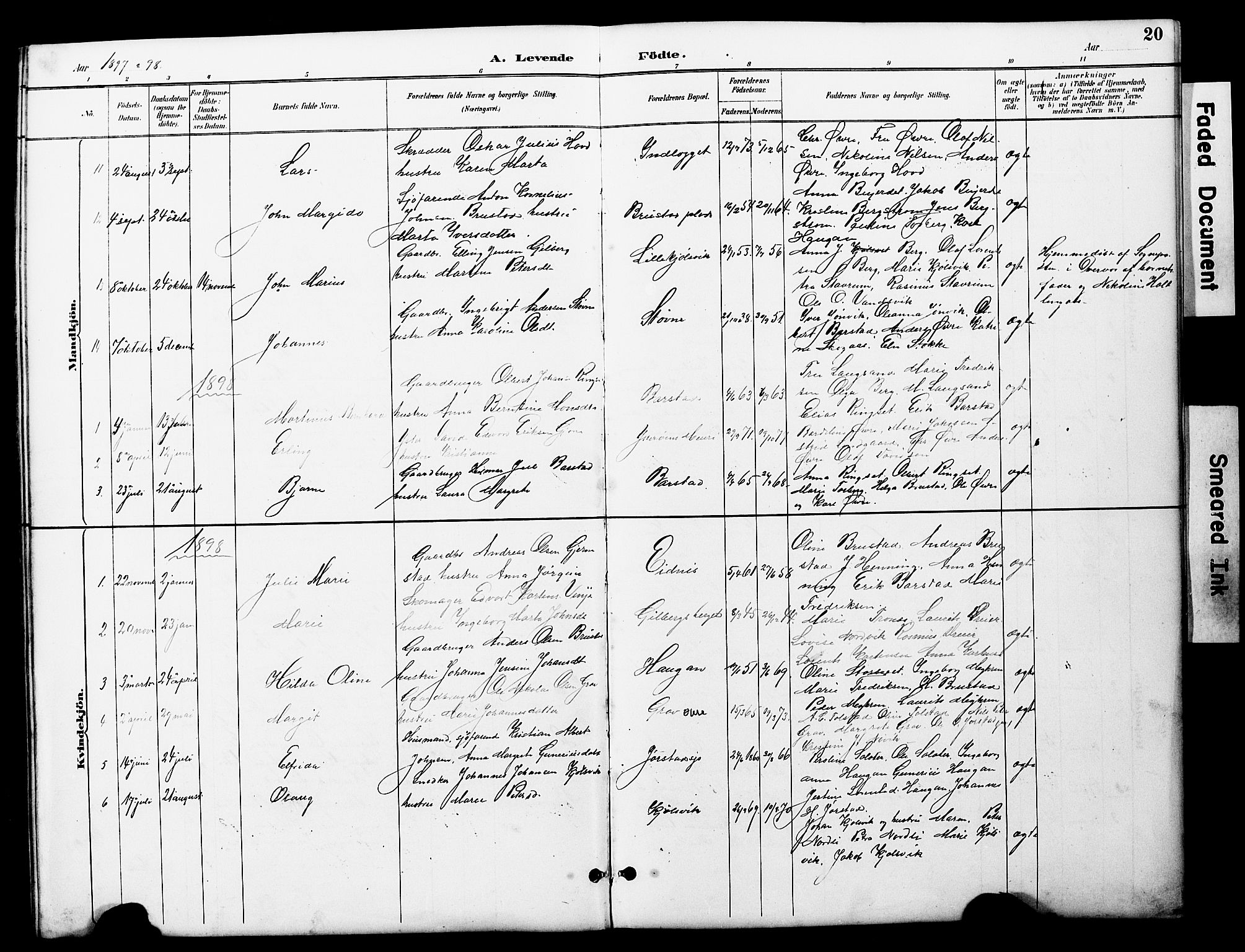 Ministerialprotokoller, klokkerbøker og fødselsregistre - Nord-Trøndelag, SAT/A-1458/722/L0226: Parish register (copy) no. 722C02, 1889-1927, p. 20