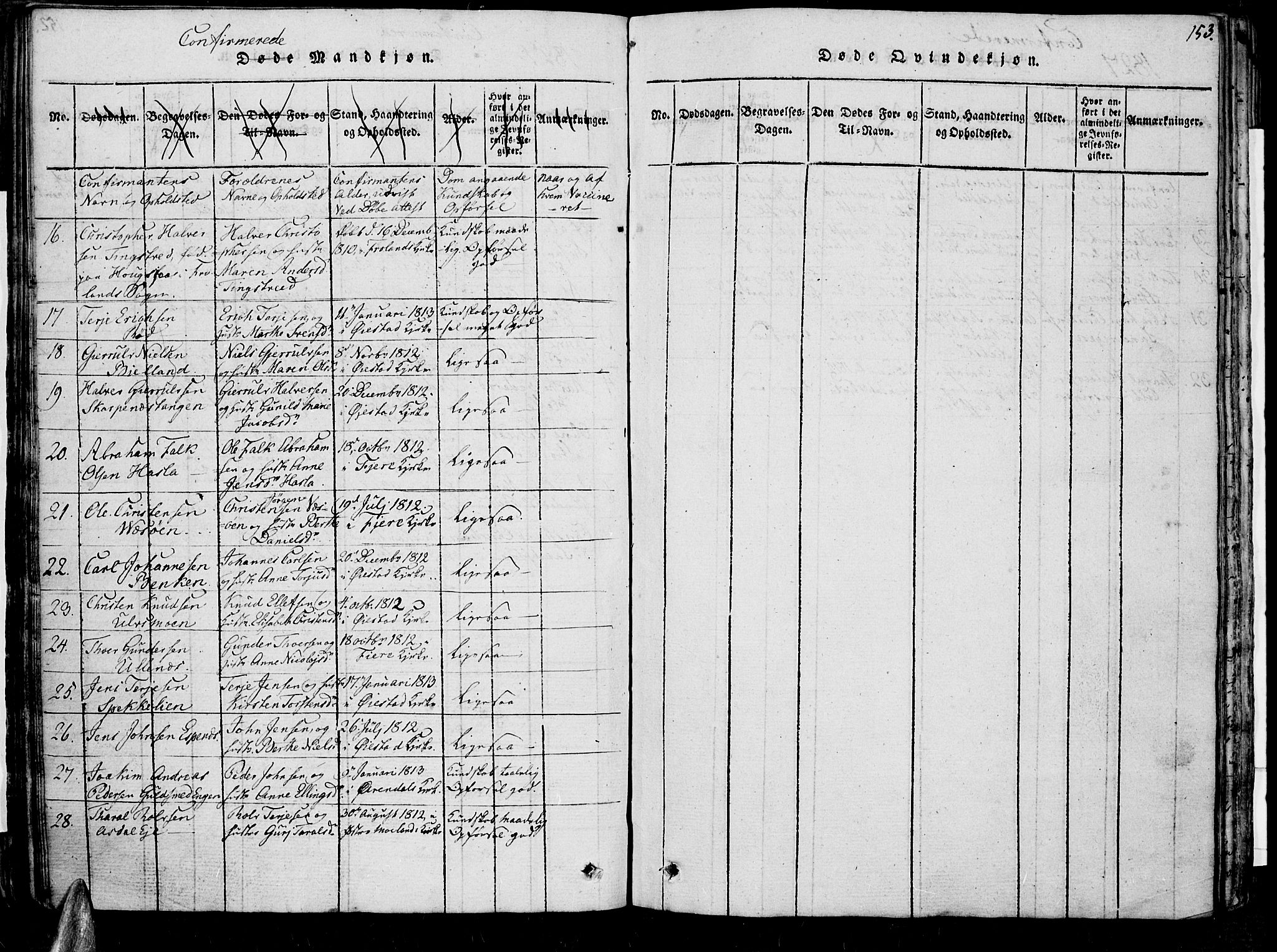 Øyestad sokneprestkontor, AV/SAK-1111-0049/F/Fb/L0003: Parish register (copy) no. B 3, 1816-1827, p. 153