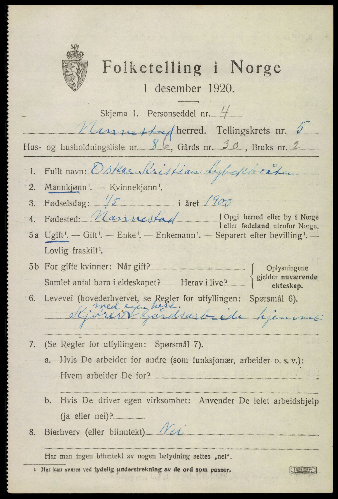 SAO, 1920 census for Nannestad, 1920, p. 7560