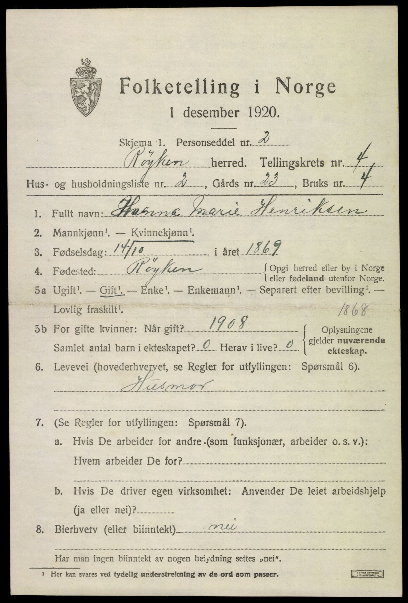 SAKO, 1920 census for Røyken, 1920, p. 5498