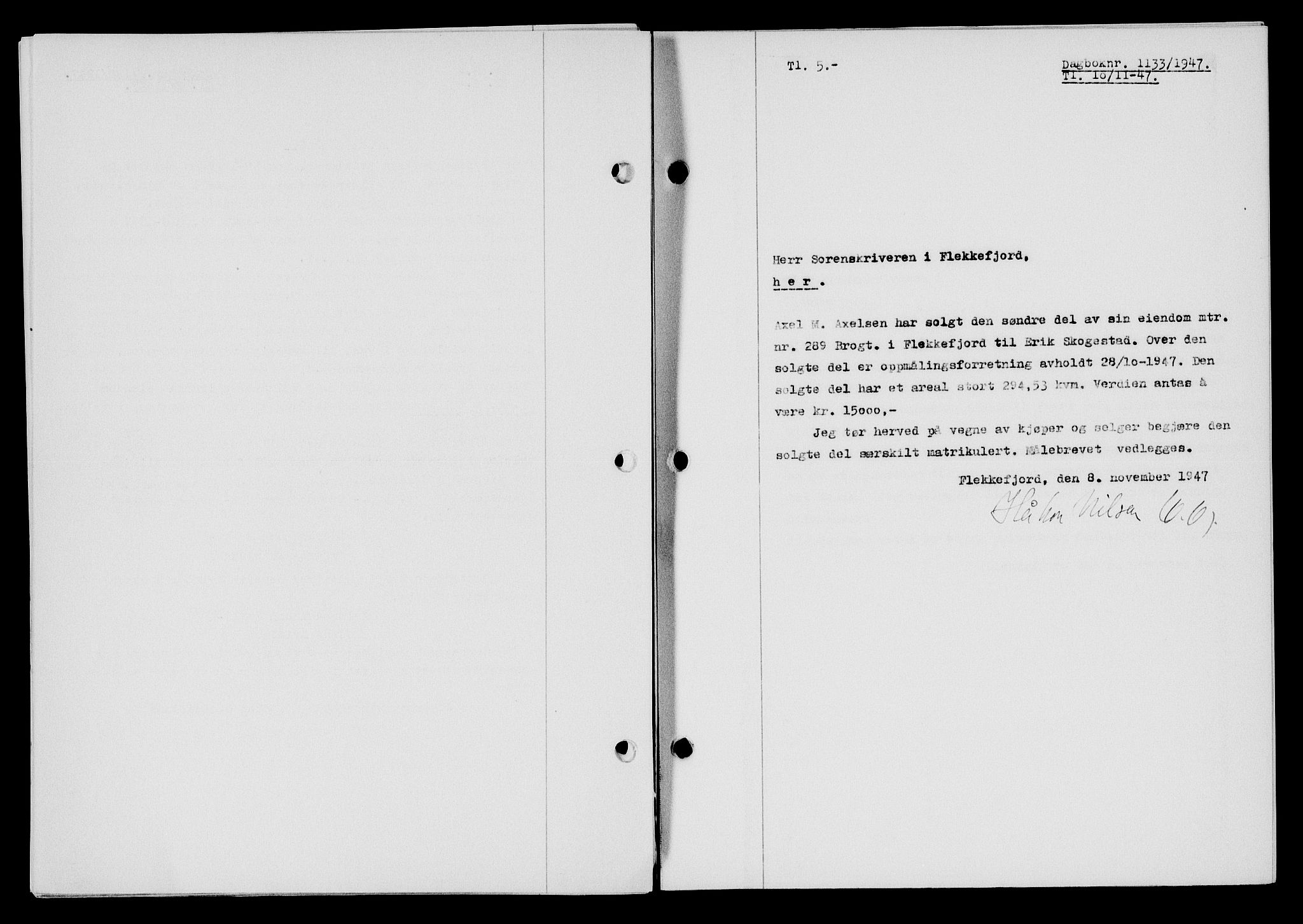 Flekkefjord sorenskriveri, SAK/1221-0001/G/Gb/Gba/L0063: Mortgage book no. A-11, 1947-1948, Diary no: : 1133/1947