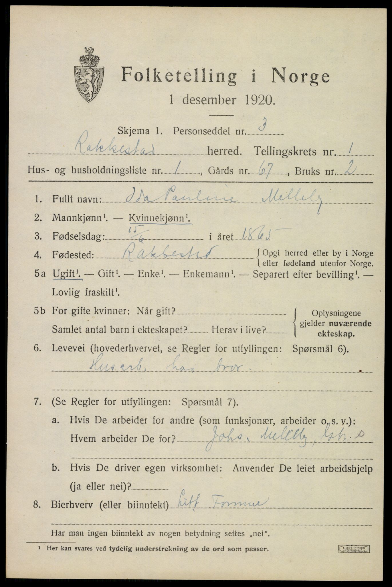 SAO, 1920 census for Rakkestad, 1920, p. 1621