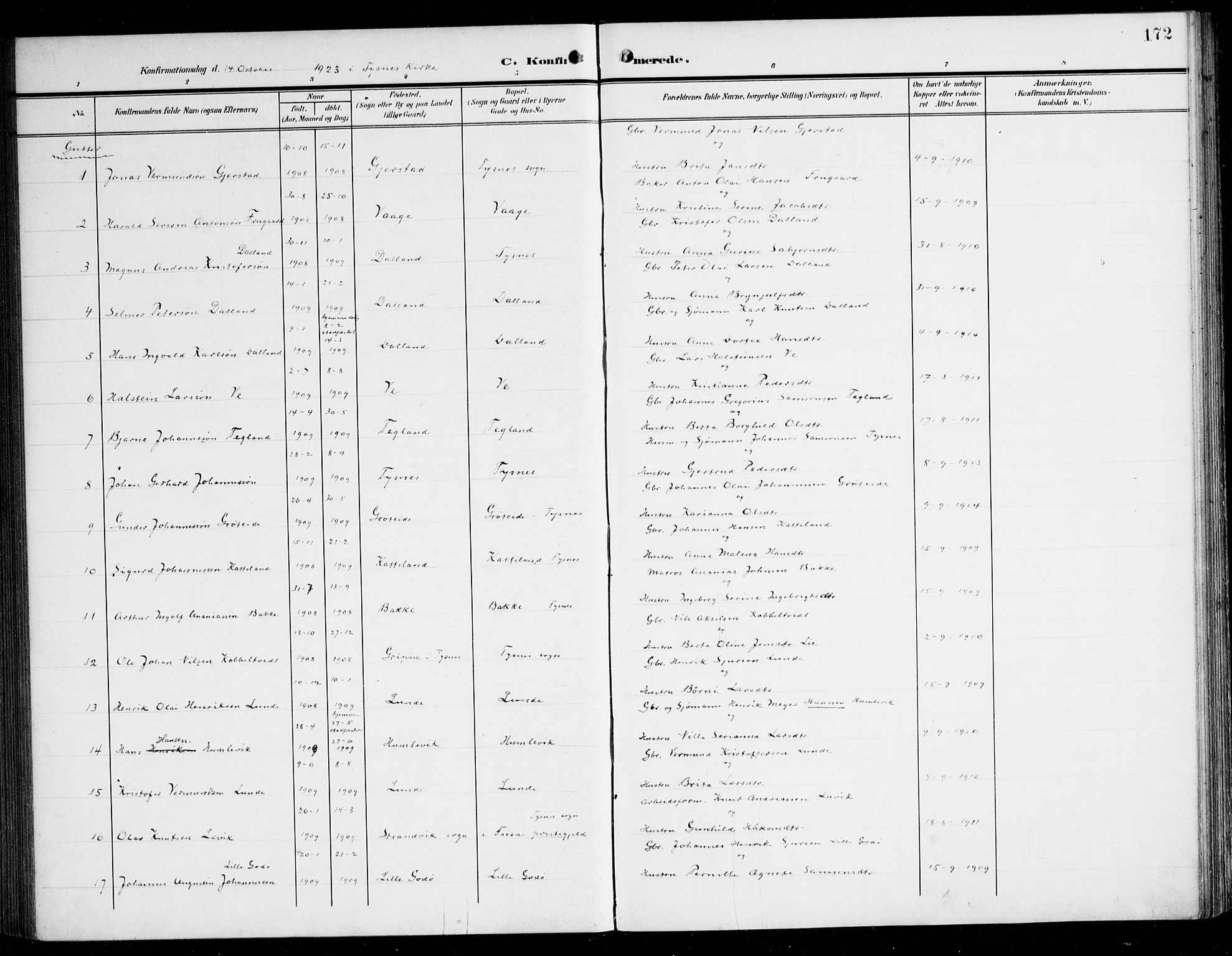 Tysnes sokneprestembete, SAB/A-78601/H/Haa: Parish register (official) no. B 2, 1907-1925, p. 172