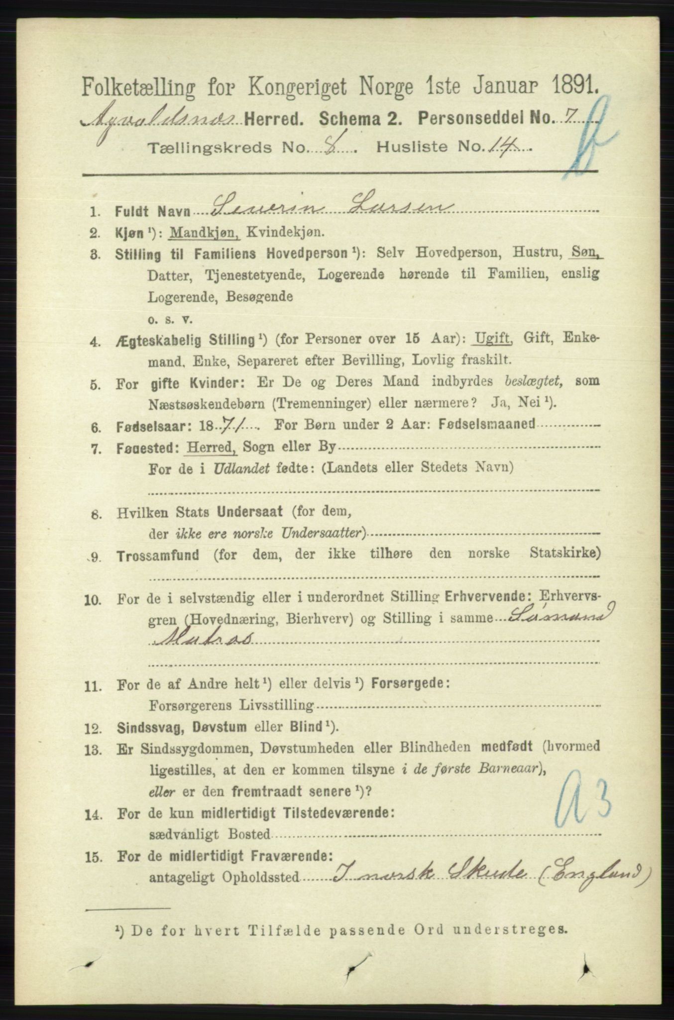 RA, 1891 census for 1147 Avaldsnes, 1891, p. 4283