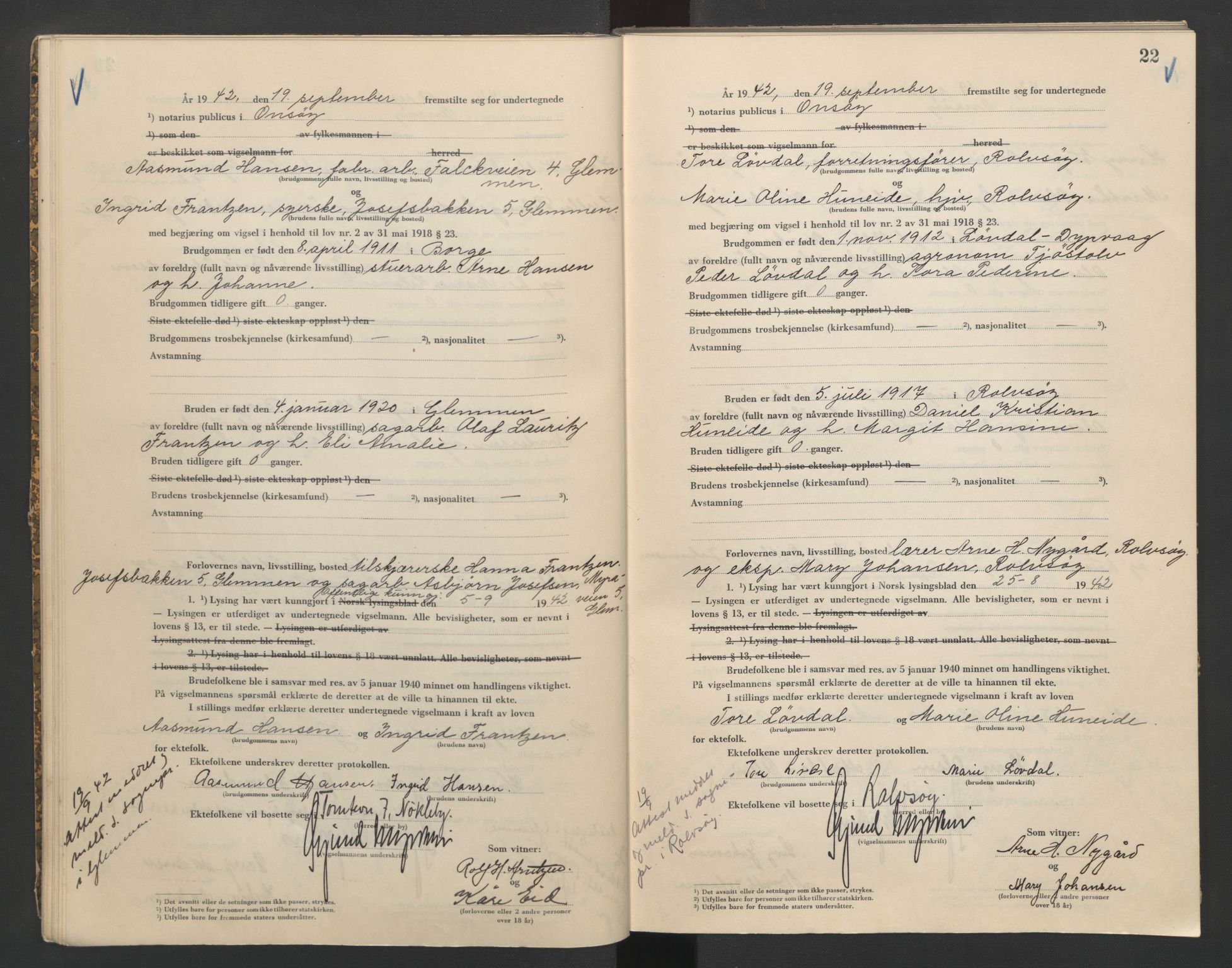 Onsøy sorenskriveri, AV/SAO-A-10474/L/La/L0002: Vigselsbok, 1942-1943, p. 22