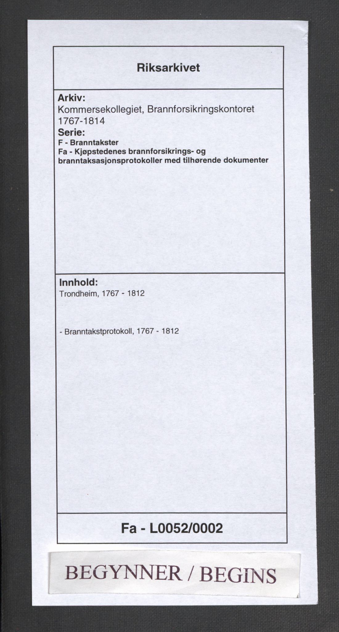 Kommersekollegiet, Brannforsikringskontoret 1767-1814, AV/RA-EA-5458/F/Fa/L0052/0002: Trondheim / Branntakstprotokoll, 1767-1812