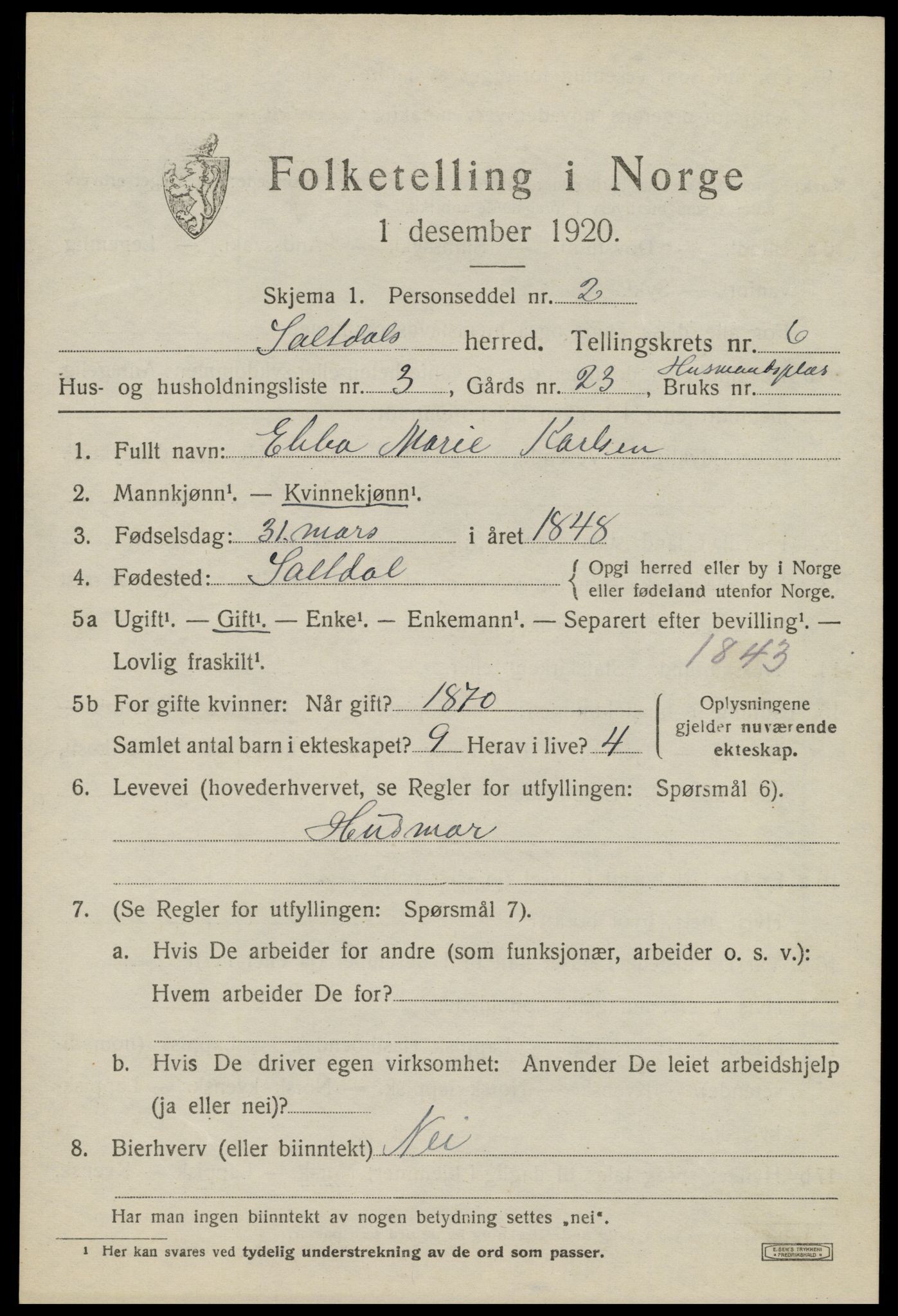 SAT, 1920 census for Saltdal, 1920, p. 7361