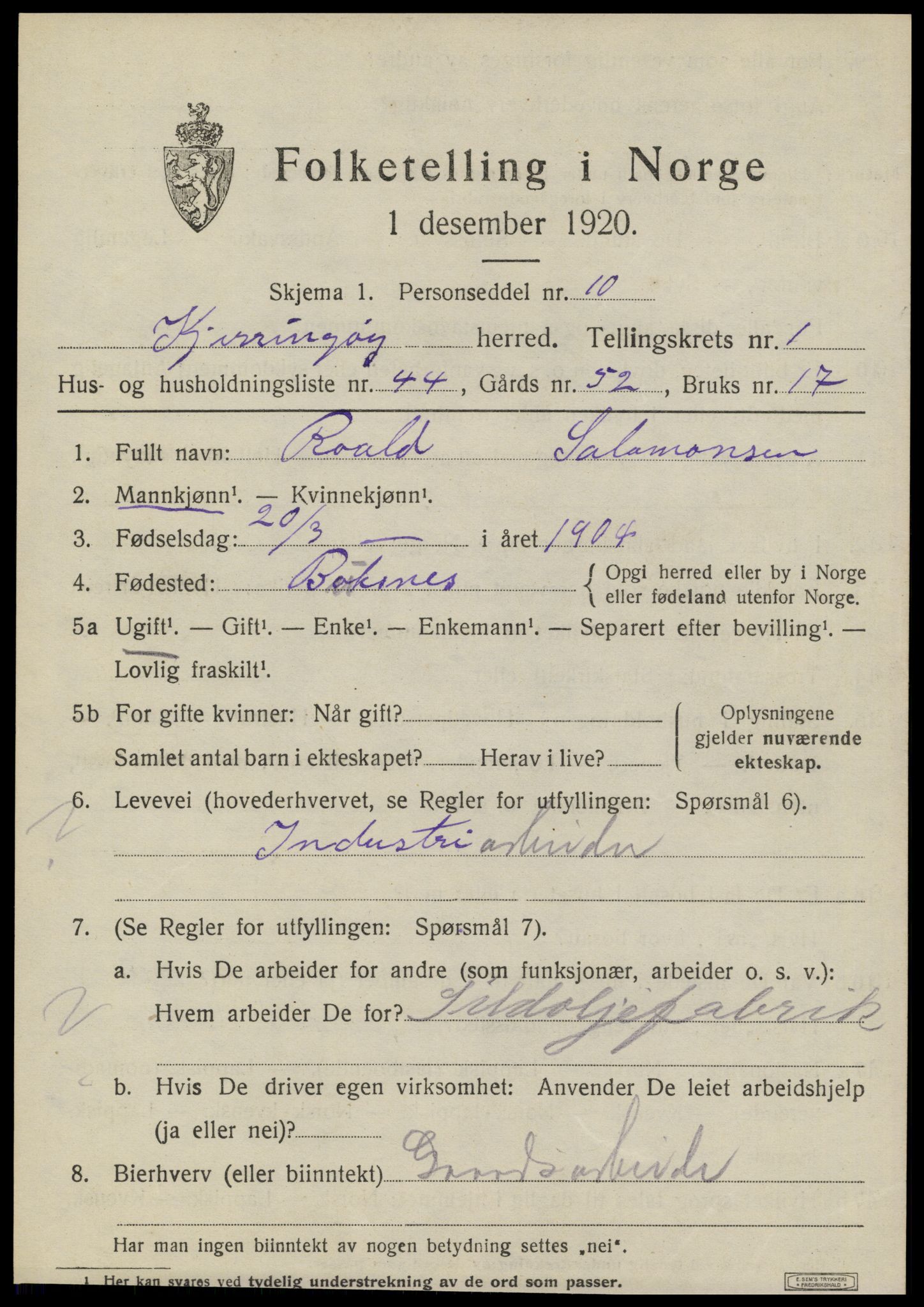 SAT, 1920 census for Kjerringøy, 1920, p. 849