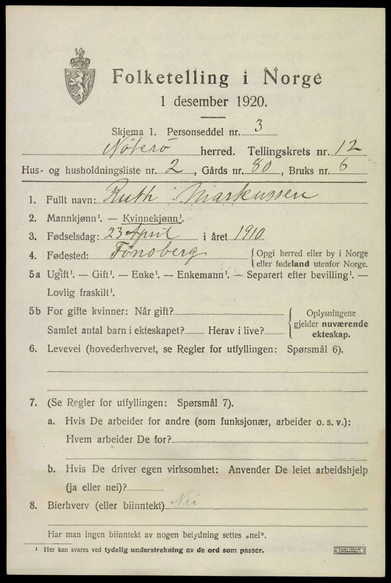 SAKO, 1920 census for Nøtterøy, 1920, p. 14743