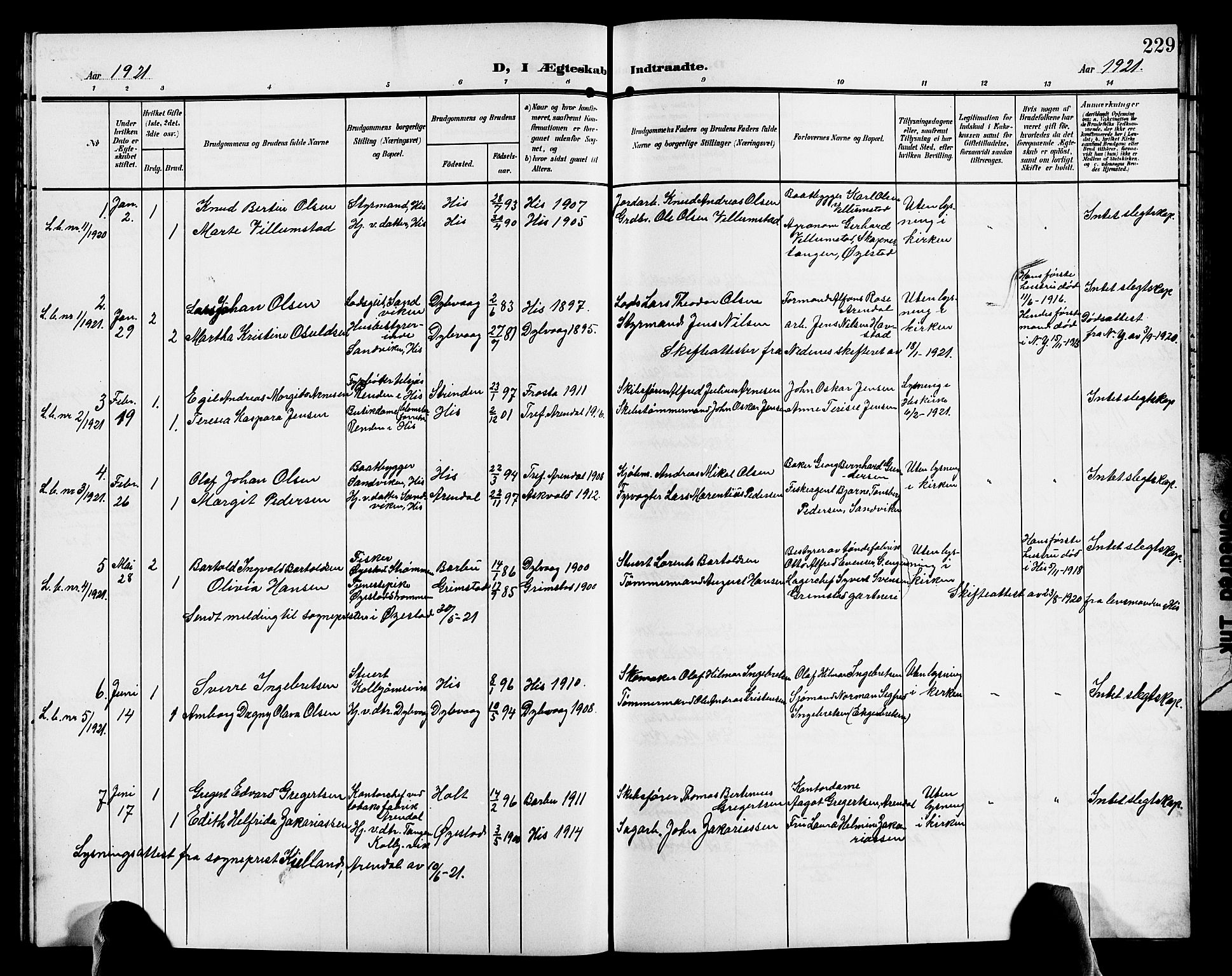 Hisøy sokneprestkontor, SAK/1111-0020/F/Fb/L0004: Parish register (copy) no. B 4, 1905-1923, p. 229