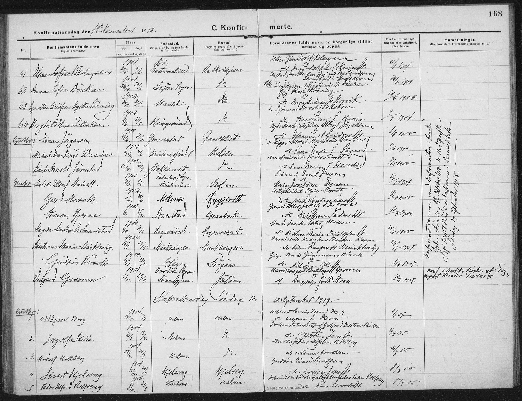 Ministerialprotokoller, klokkerbøker og fødselsregistre - Nord-Trøndelag, SAT/A-1458/709/L0083: Parish register (official) no. 709A23, 1916-1928, p. 168