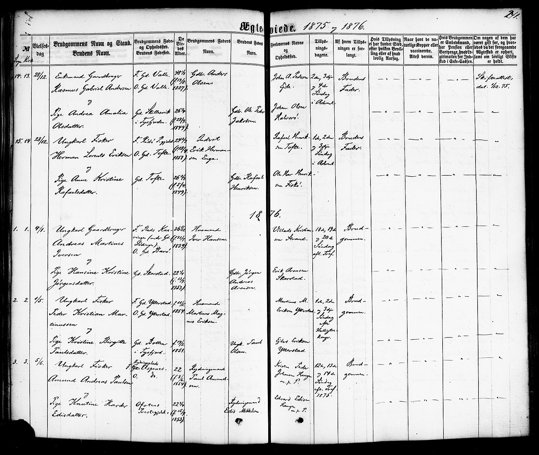 Ministerialprotokoller, klokkerbøker og fødselsregistre - Nordland, AV/SAT-A-1459/872/L1034: Parish register (official) no. 872A09, 1864-1884, p. 241