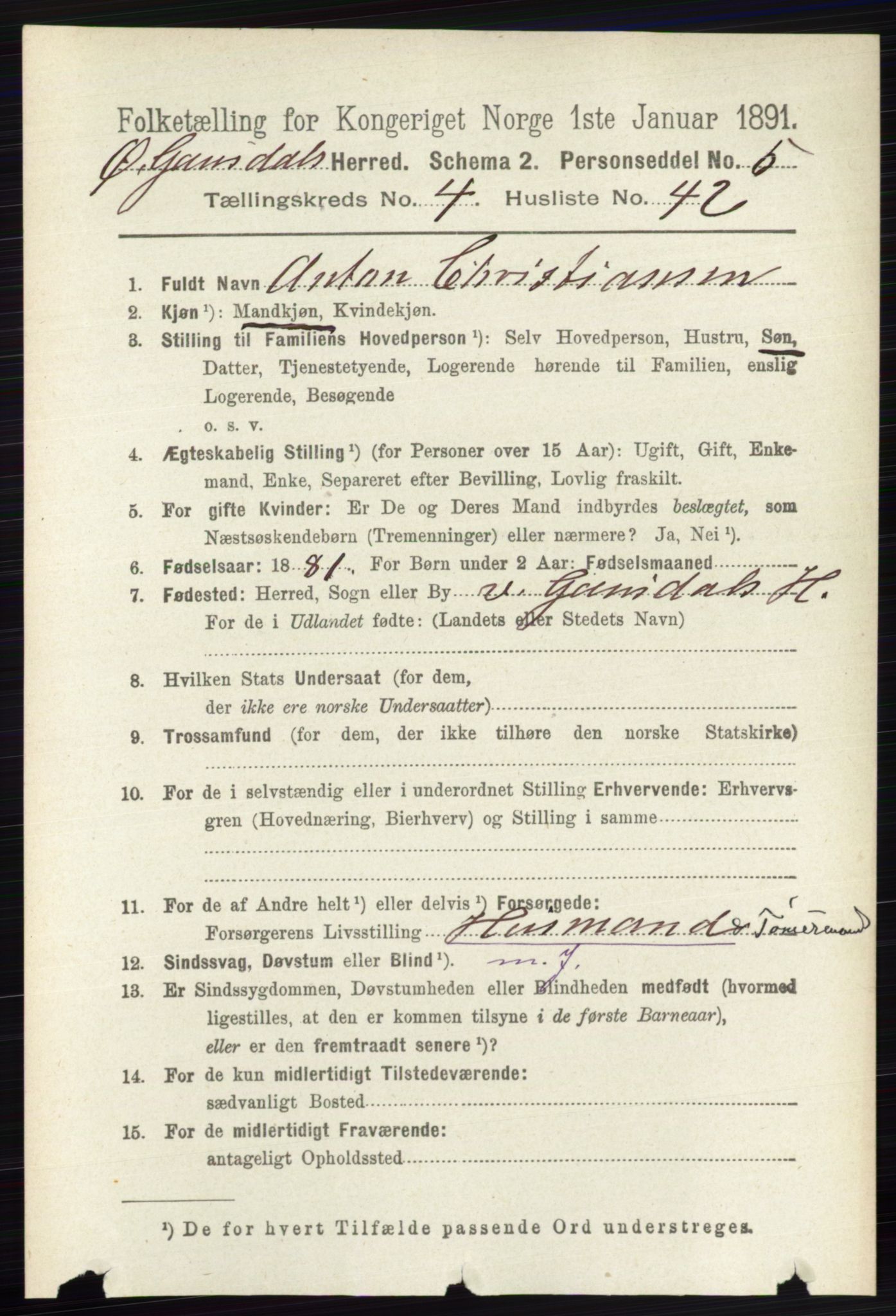 RA, 1891 census for 0522 Østre Gausdal, 1891, p. 2782