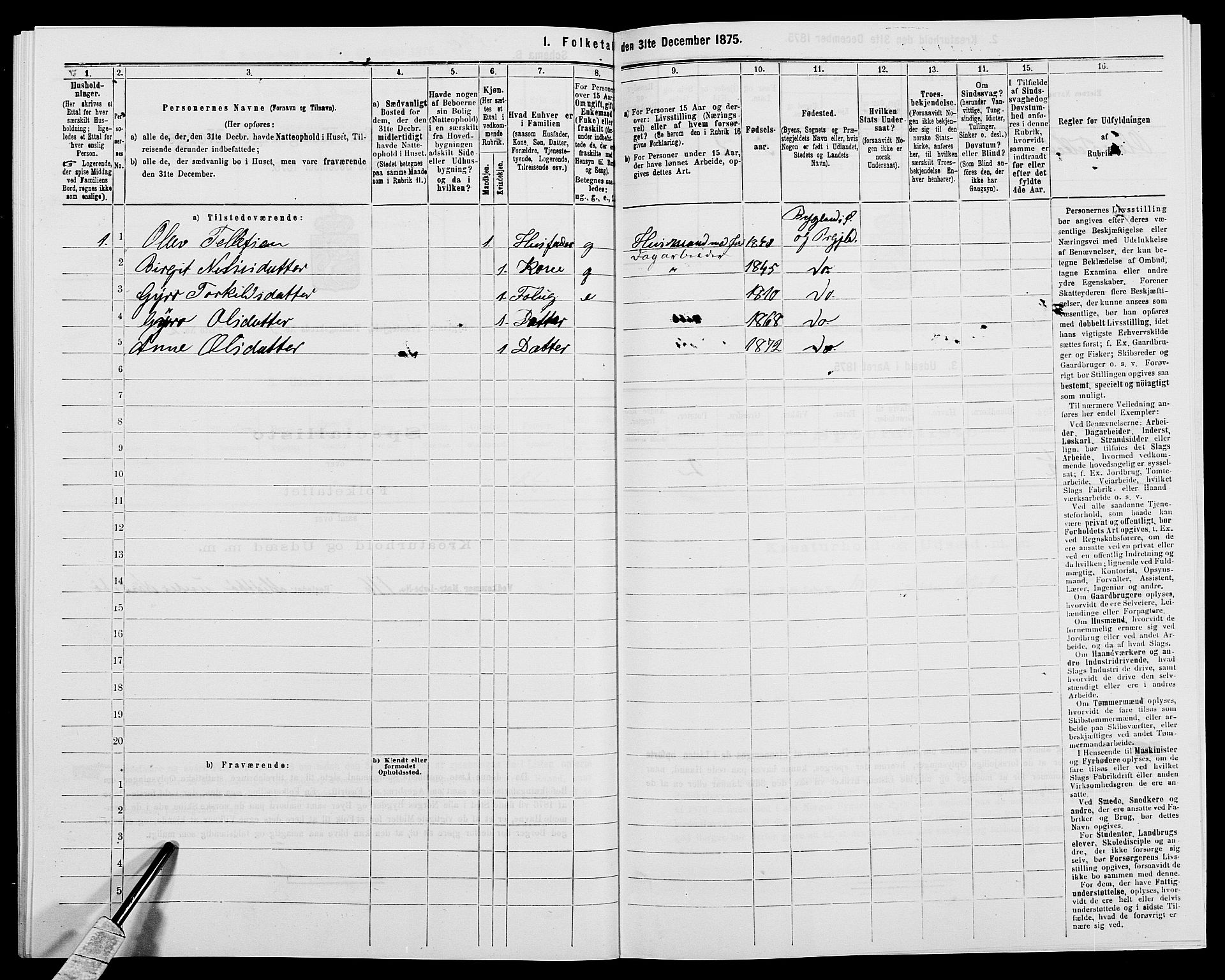 SAK, 1875 census for 0938P Bygland, 1875, p. 449