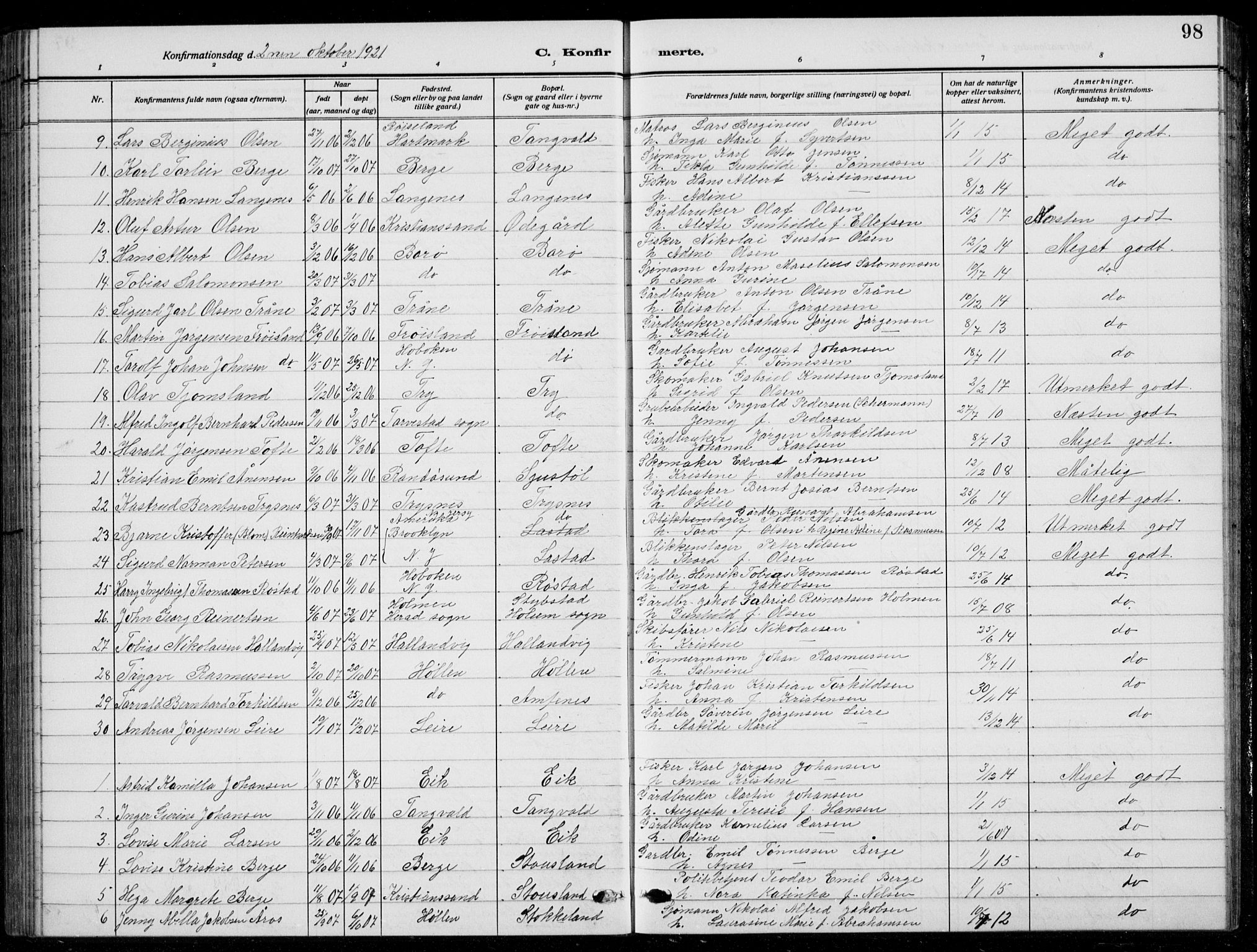Søgne sokneprestkontor, SAK/1111-0037/F/Fb/Fbb/L0007: Parish register (copy) no. B 7, 1912-1931, p. 98