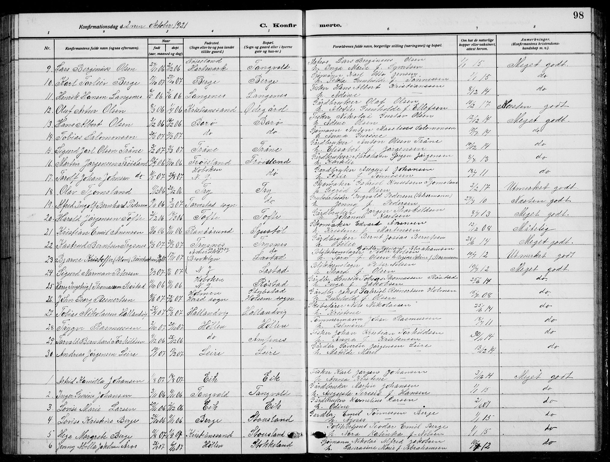 Søgne sokneprestkontor, AV/SAK-1111-0037/F/Fb/Fbb/L0007: Parish register (copy) no. B 7, 1912-1931, p. 98
