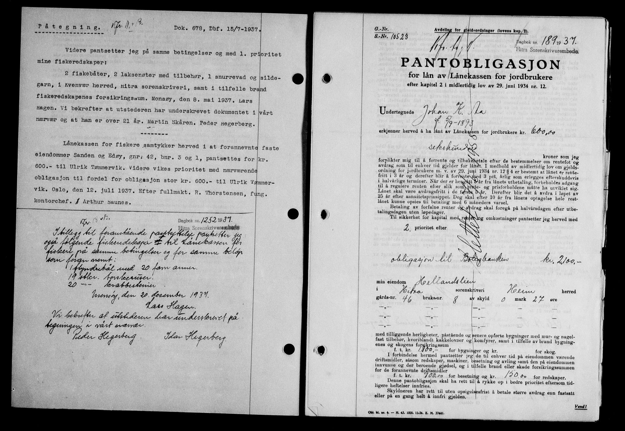 Hitra sorenskriveri, AV/SAT-A-0018/2/2C/2Ca/L0028: Mortgage book no. B-1, 1936-1939, Diary no: : 189/1937