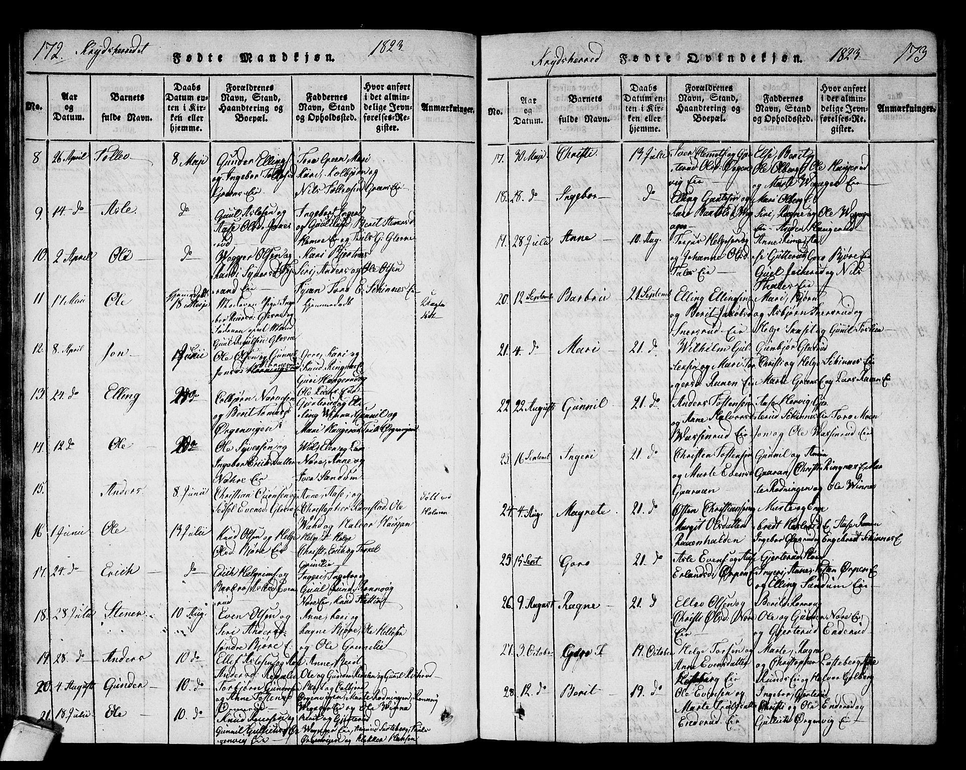 Sigdal kirkebøker, AV/SAKO-A-245/F/Fa/L0005: Parish register (official) no. I 5 /3, 1815-1829, p. 172-173