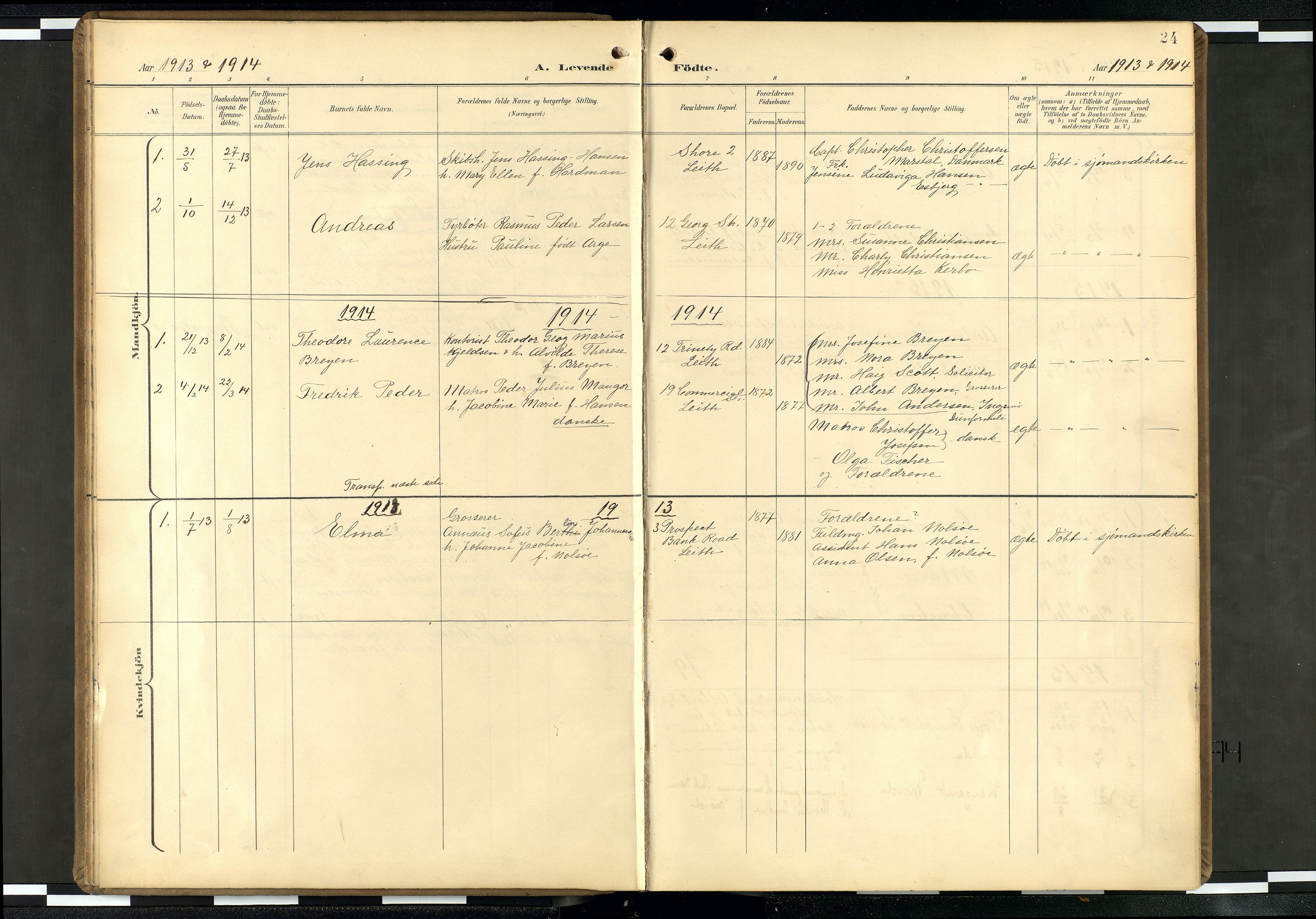 Den norske sjømannsmisjon i utlandet/Skotske havner (Leith, Glasgow), SAB/SAB/PA-0100/H/Ha/Haa/L0004: Parish register (official) no. A 4, 1899-1949, p. 23b-24a