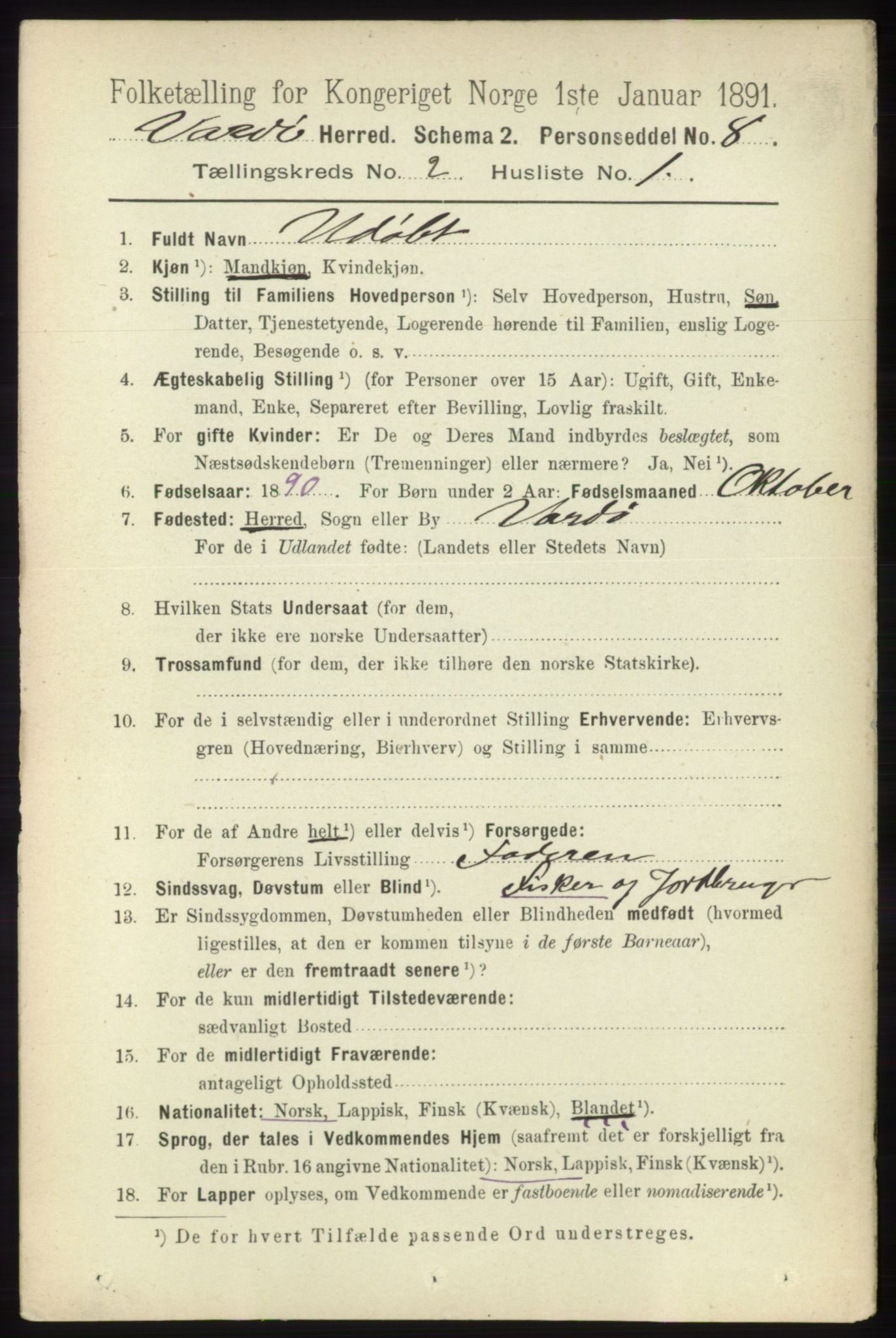 RA, 1891 census for 2028 Vardø, 1891, p. 309