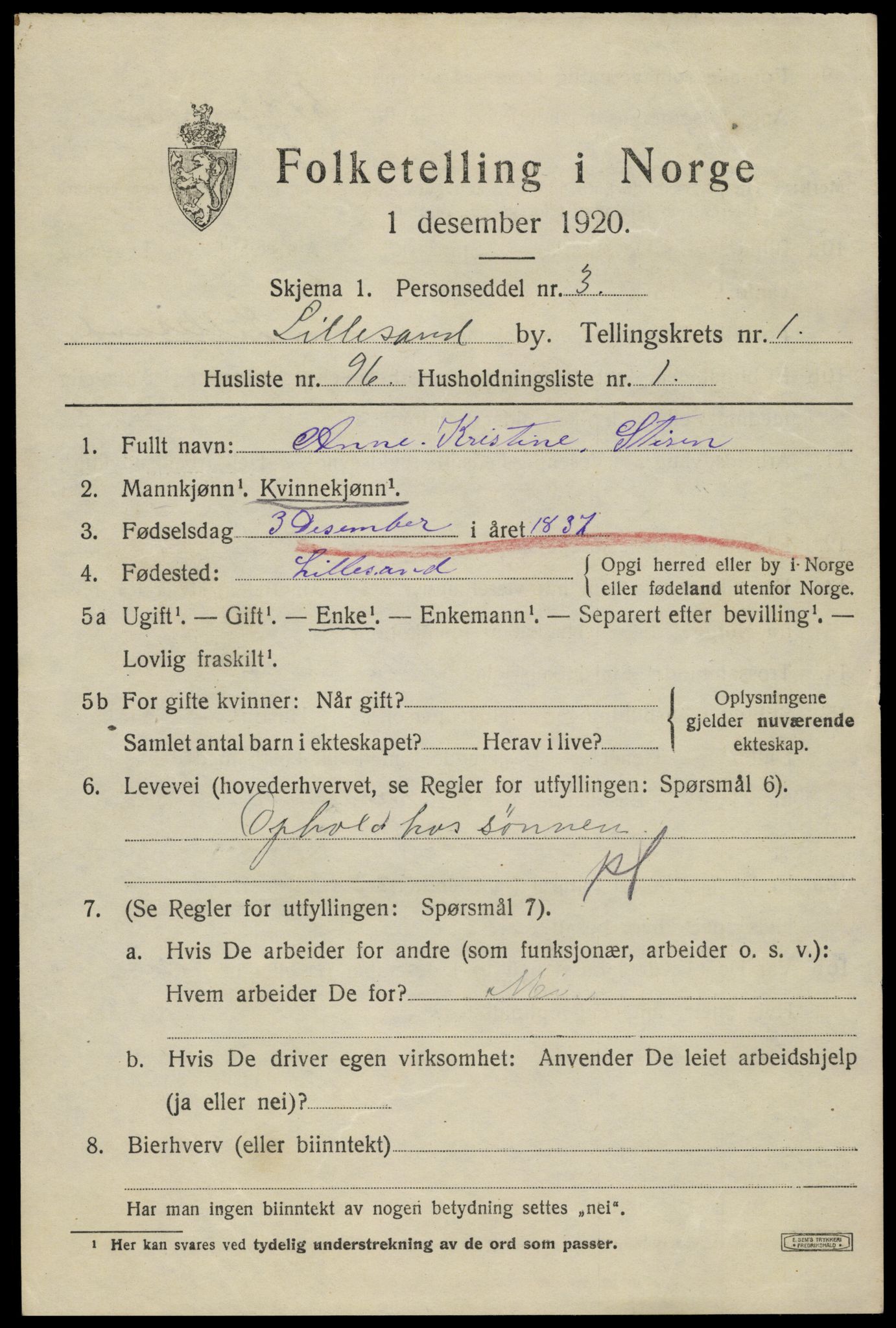 SAK, 1920 census for Lillesand, 1920, p. 2327