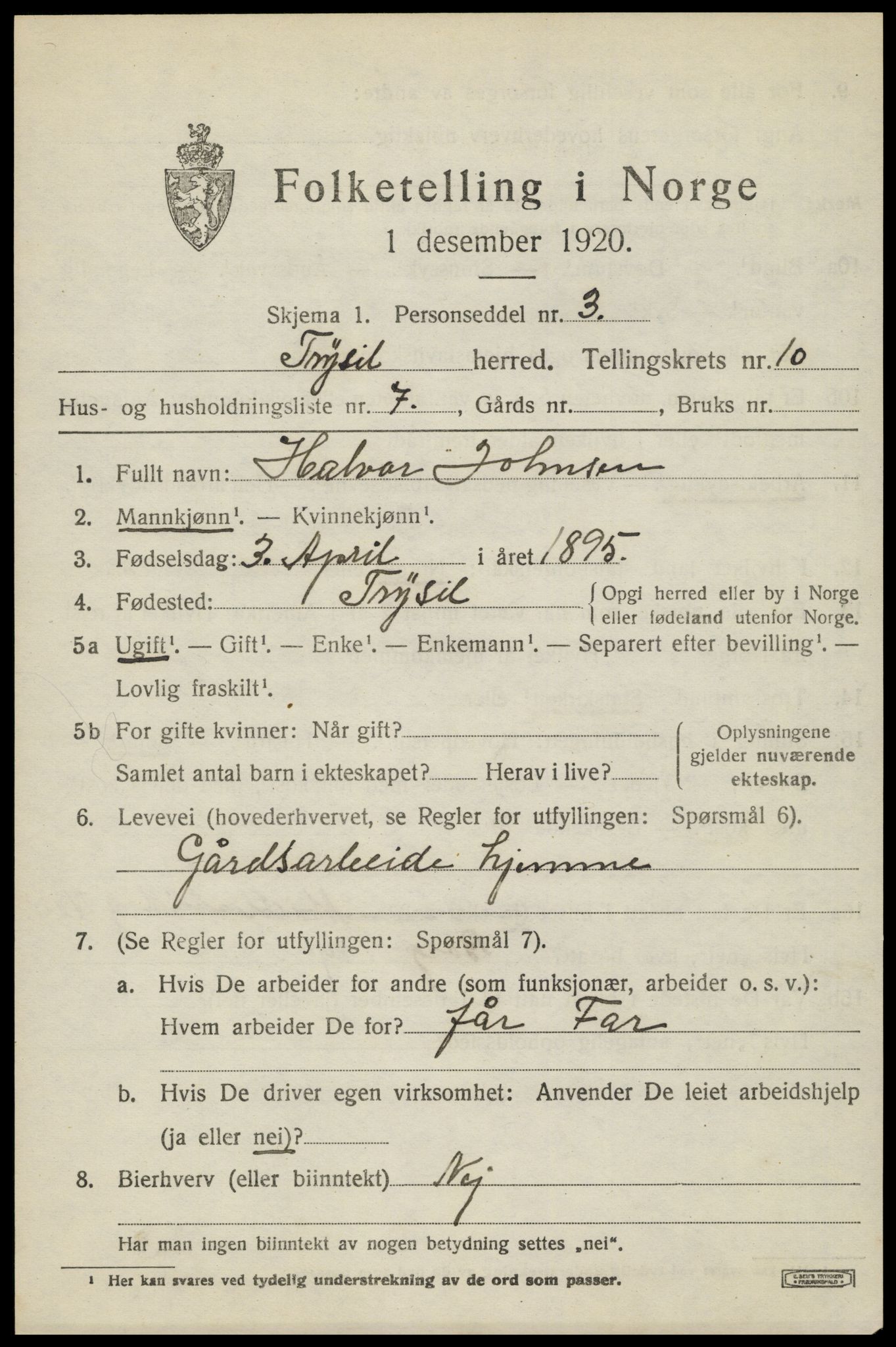SAH, 1920 census for Trysil, 1920, p. 6937
