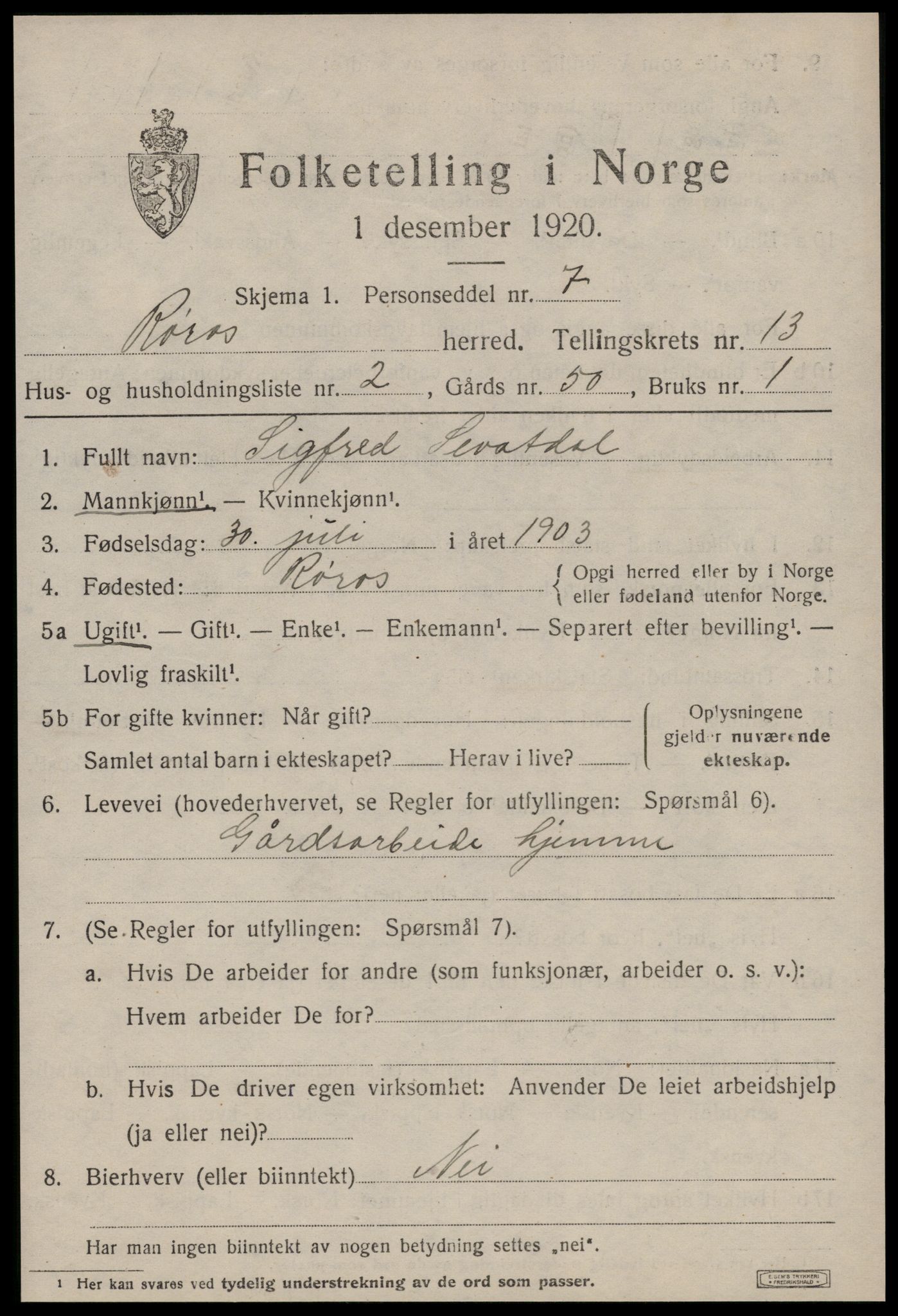 SAT, 1920 census for Røros, 1920, p. 9388