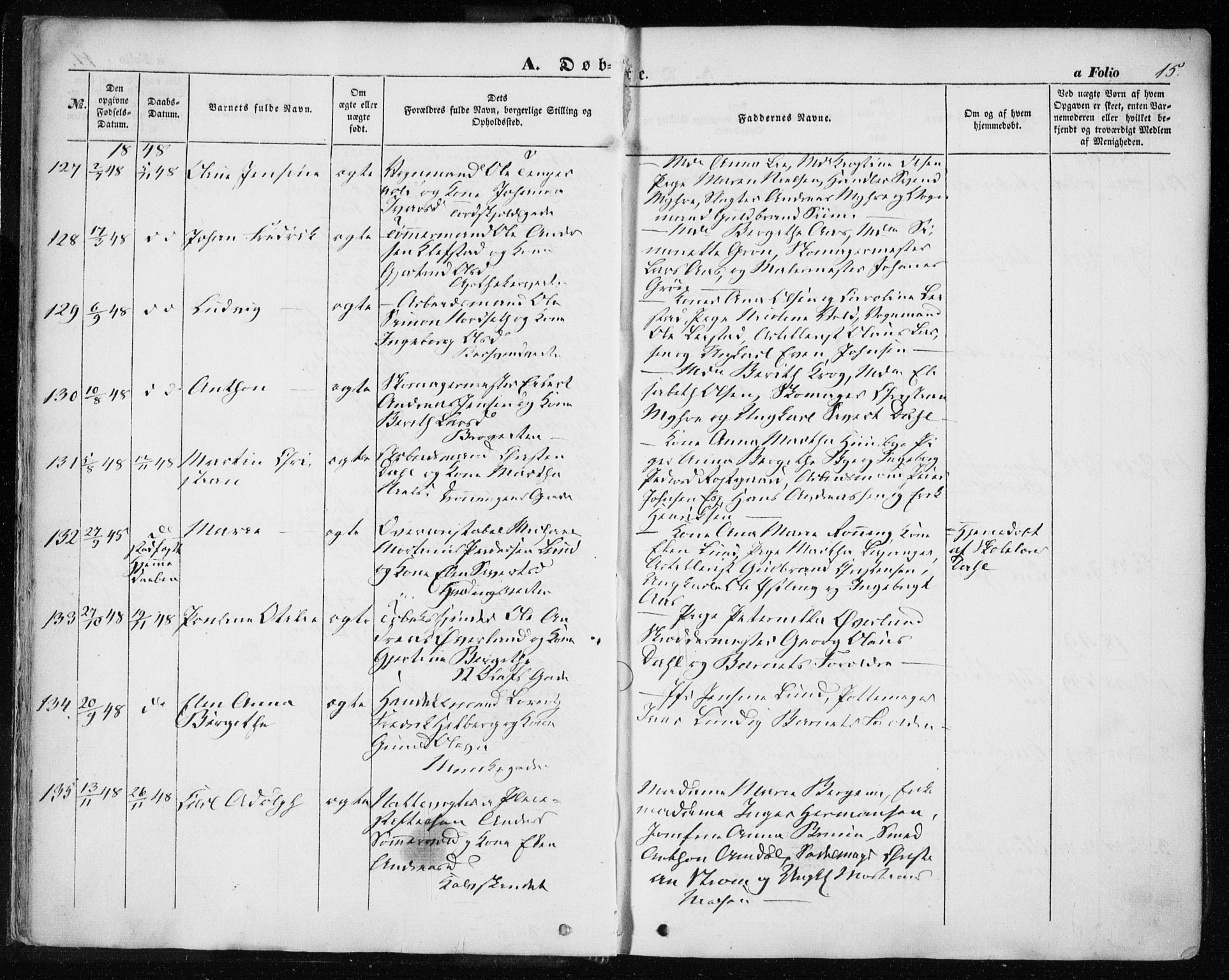 Ministerialprotokoller, klokkerbøker og fødselsregistre - Sør-Trøndelag, SAT/A-1456/601/L0051: Parish register (official) no. 601A19, 1848-1857, p. 15