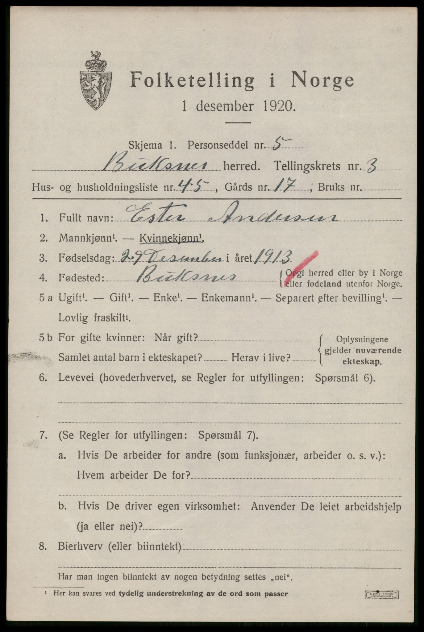 SAT, 1920 census for Buksnes, 1920, p. 3925