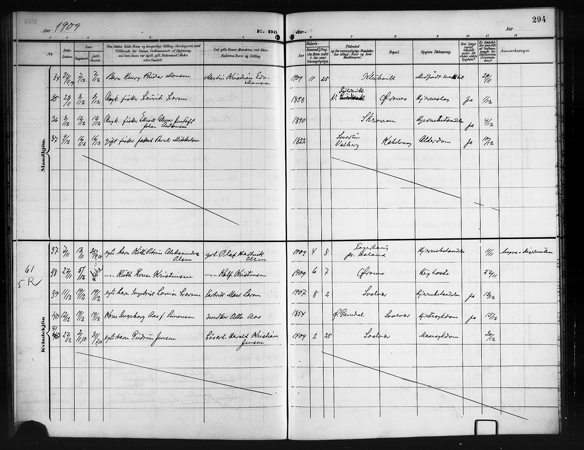 Ministerialprotokoller, klokkerbøker og fødselsregistre - Nordland, SAT/A-1459/874/L1079: Parish register (copy) no. 874C08, 1907-1915, p. 294