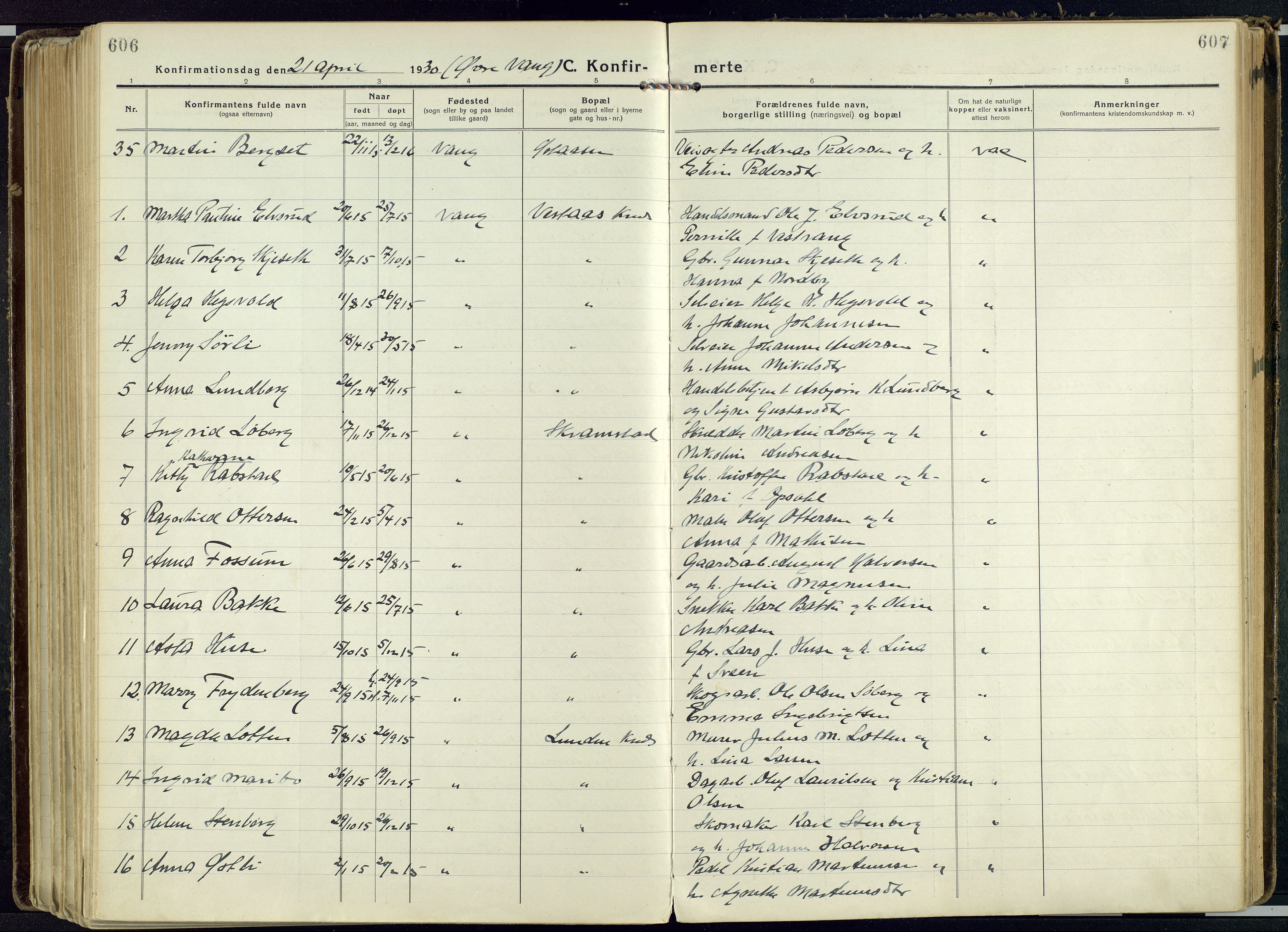 Vang prestekontor, Hedmark, AV/SAH-PREST-008/H/Ha/Haa/L0022: Parish register (official) no. 22, 1918-1944, p. 606-607