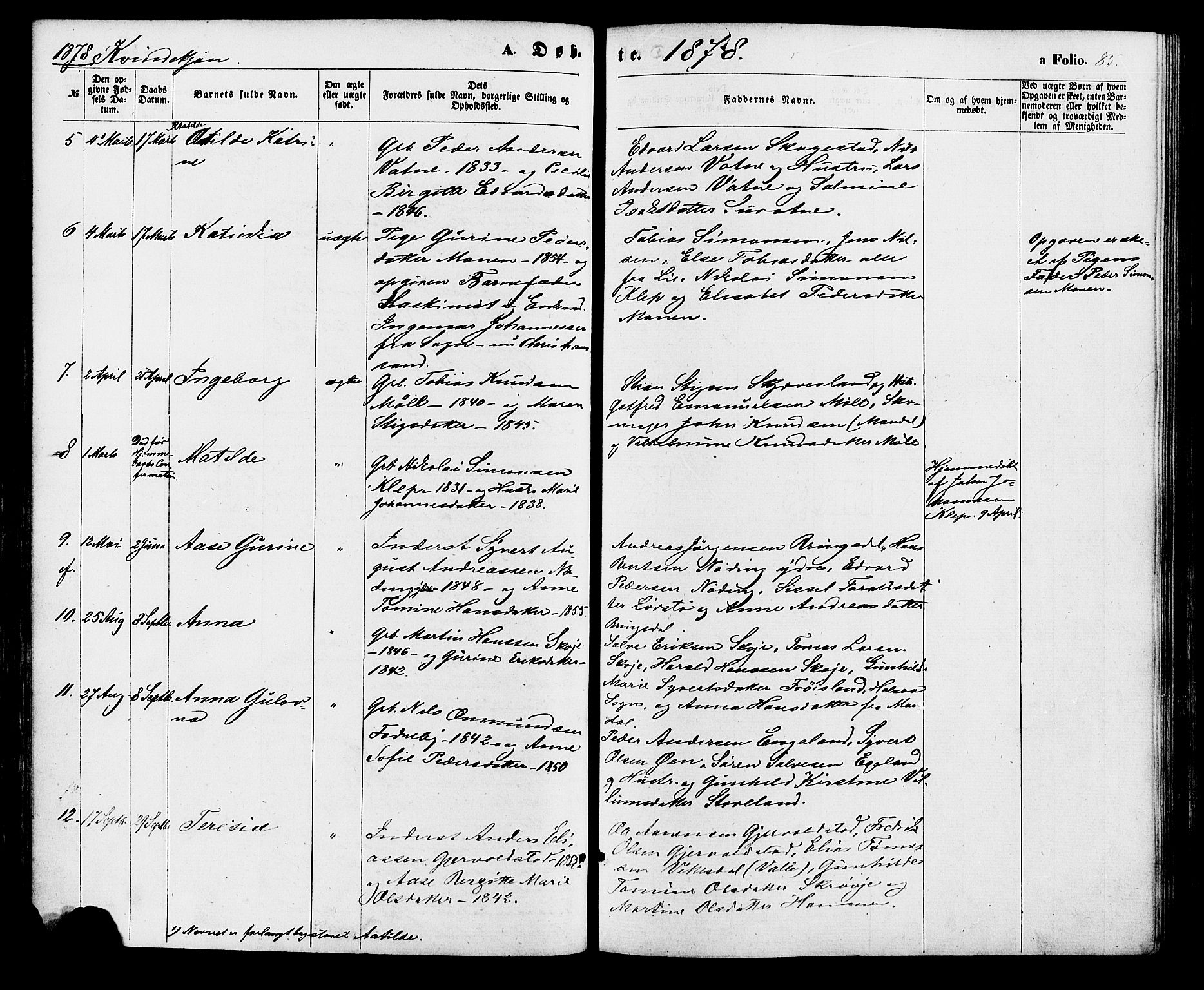 Holum sokneprestkontor, SAK/1111-0022/F/Fa/Faa/L0006: Parish register (official) no. A 6, 1865-1883, p. 85
