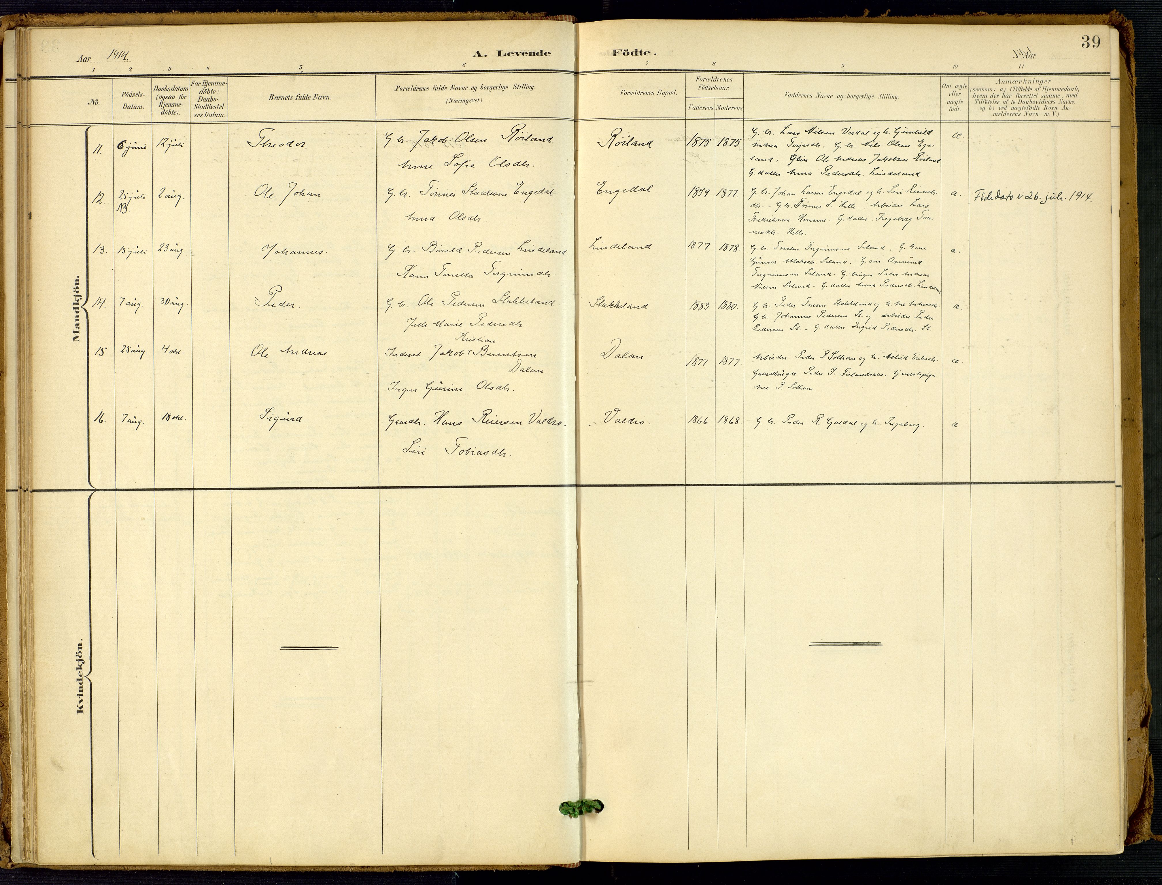 Fjotland sokneprestkontor, SAK/1111-0010/F/Fa/L0003: Parish register (official) no. A 3, 1899-1917, p. 39
