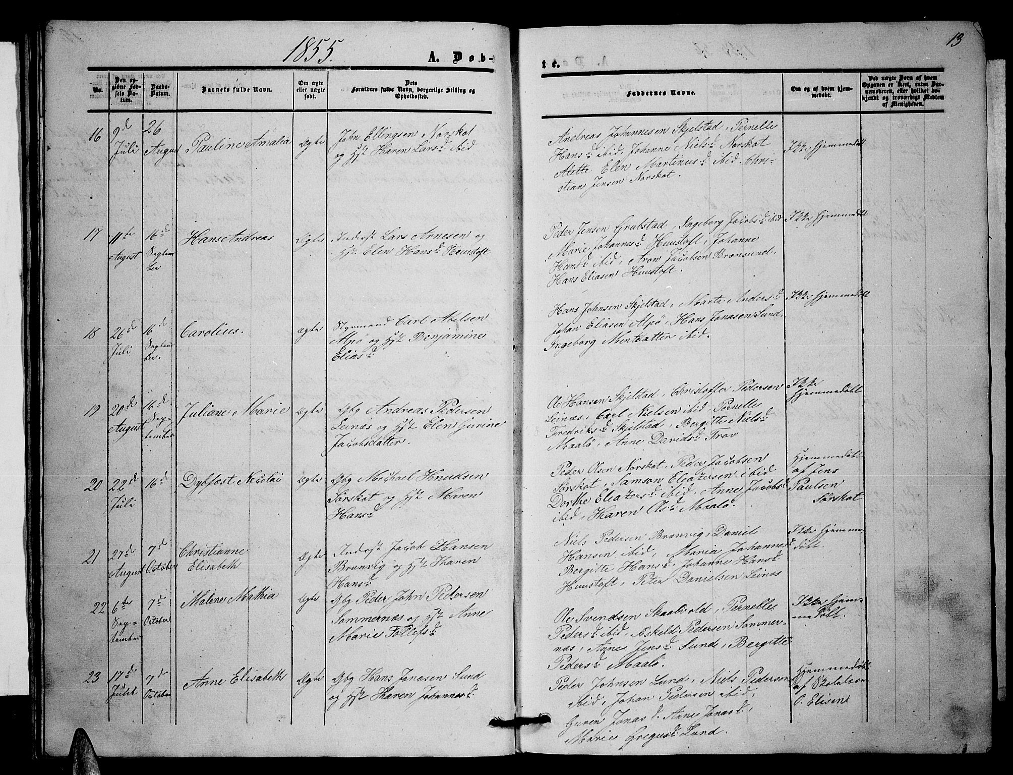 Ministerialprotokoller, klokkerbøker og fødselsregistre - Nordland, AV/SAT-A-1459/857/L0827: Parish register (copy) no. 857C02, 1852-1879, p. 13