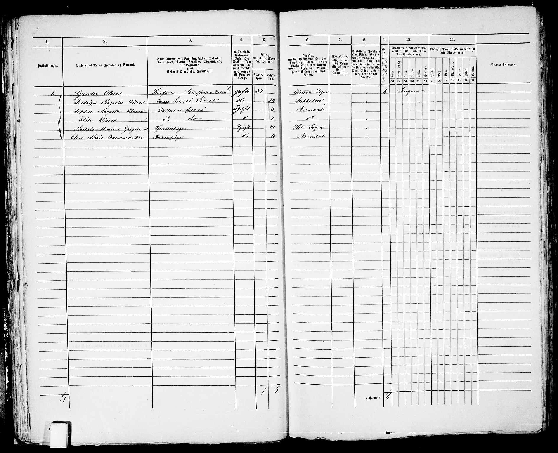 RA, 1865 census for Arendal, 1865, p. 46