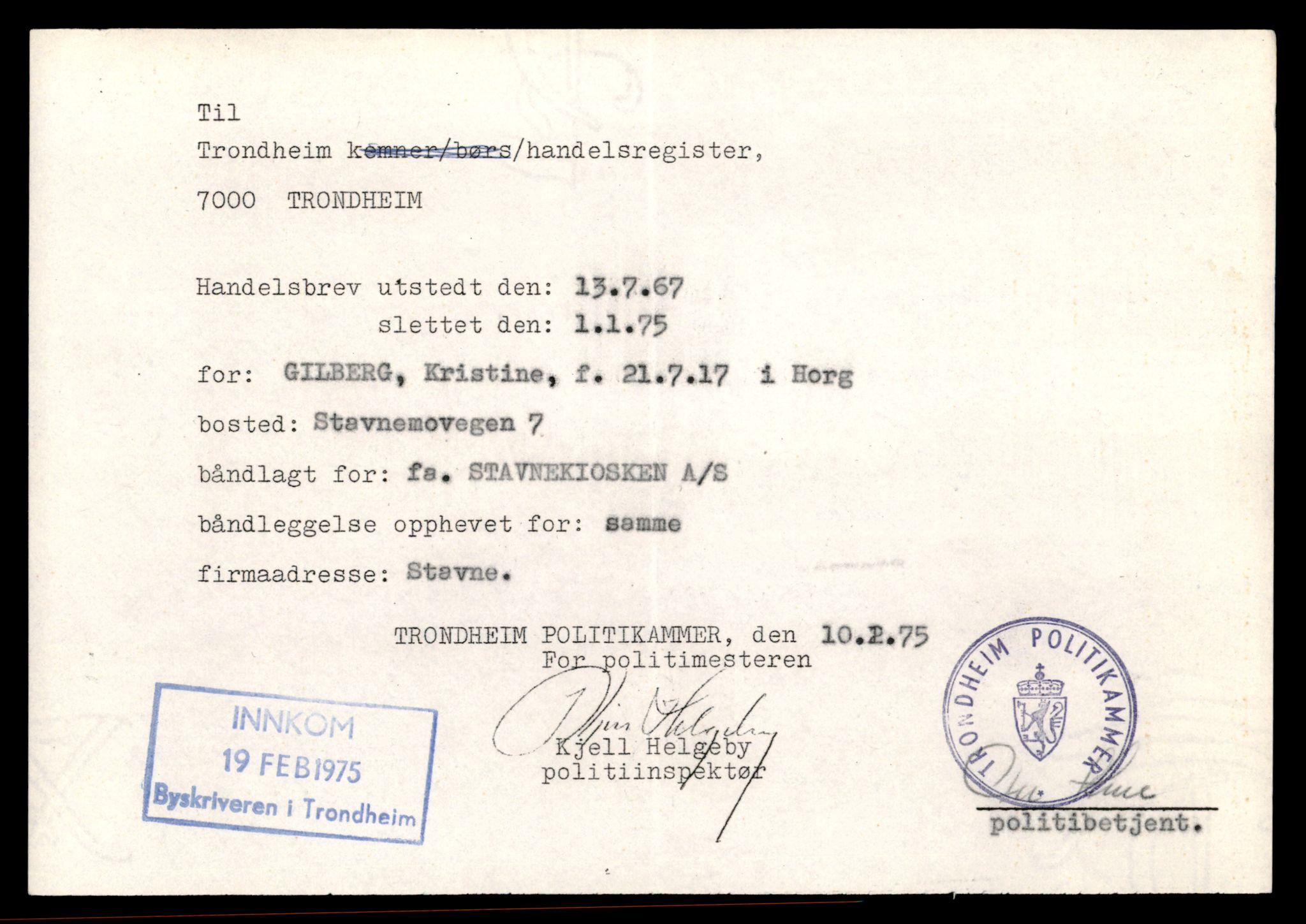 Trondheim byfogd, AV/SAT-A-0003/2/J/Jd/Jdb/L0035: Aksjeselskap, andelslag og borettslag, Sta-Stu, 1965-1976, p. 1